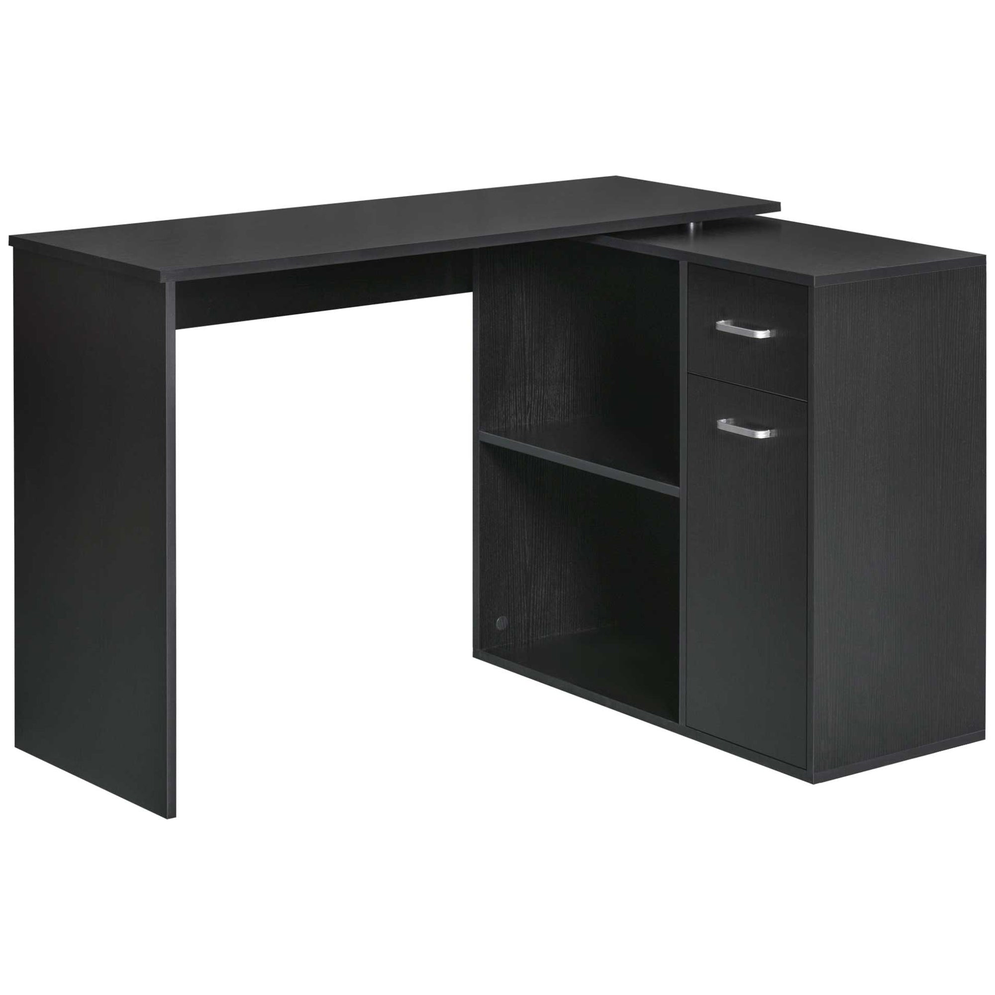HOMCOM L-Shaped Desk, Corner Computer Desk, Adjustable Study Table with Storage Shelf, Drawer and Cabinet, Workstation for Home Office, Black Wood Grain - North Peak Garden Furniture