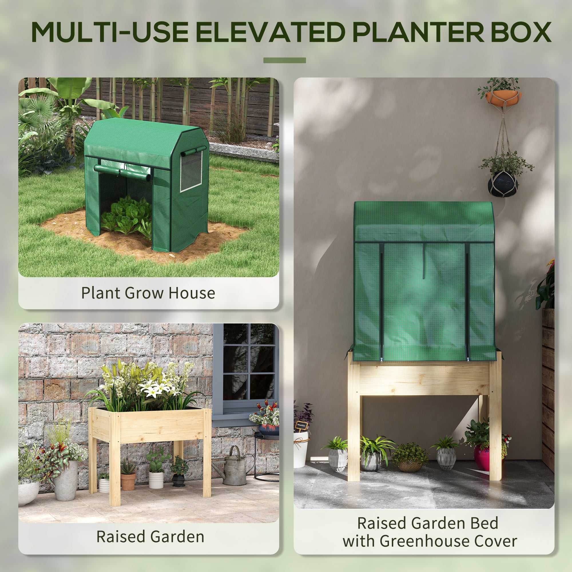 Outsunny Wooden Planter Box with PE Greenhouse Cover and Bed Liner, Raised Garden Bed for Vegetables, Flowers, Herbs - North Peak Garden Furniture