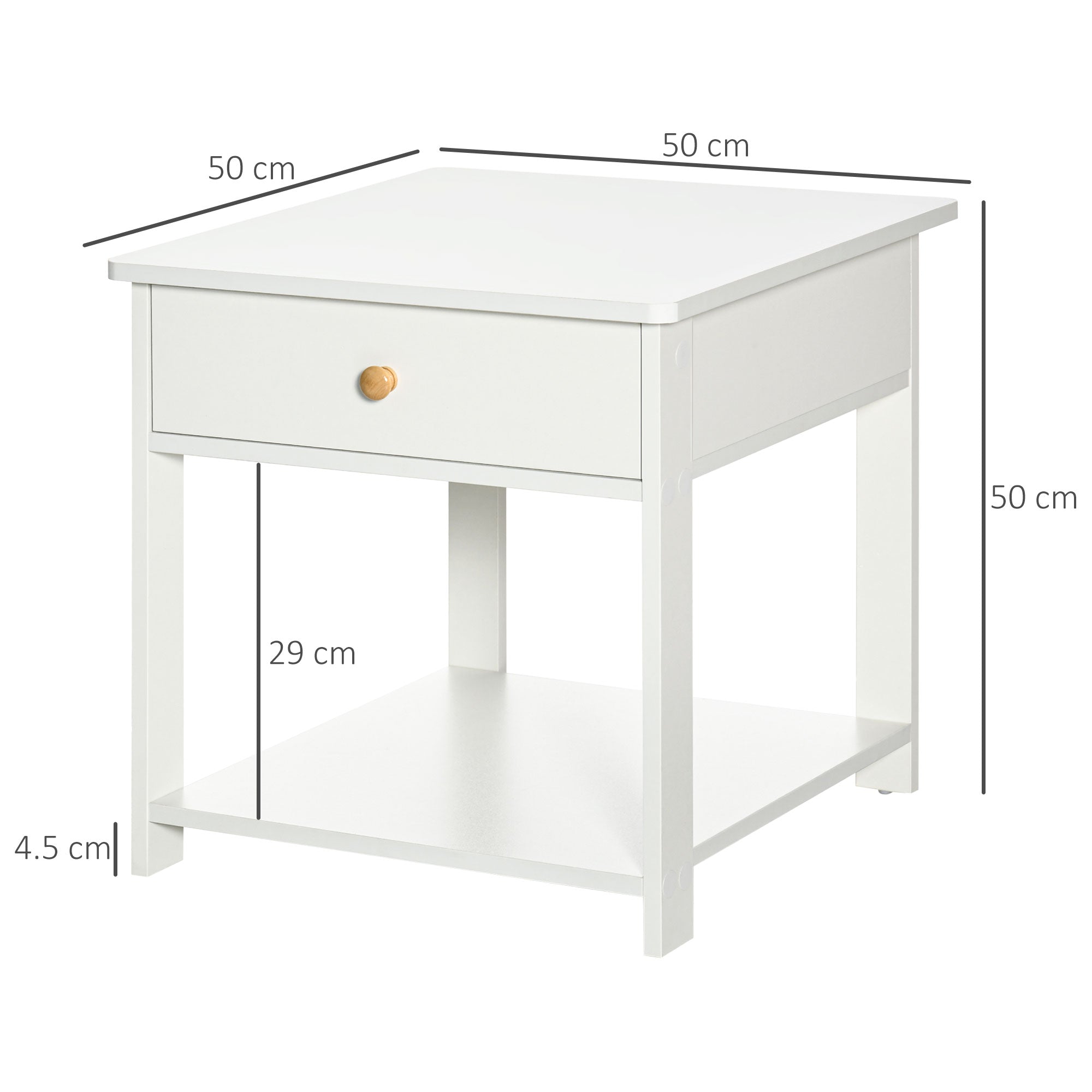 HOMCOM Bedside Table with Drawer and Bottom Shelf, Square Side End Table for Bedroom, Living Room, White - North Peak Garden Furniture