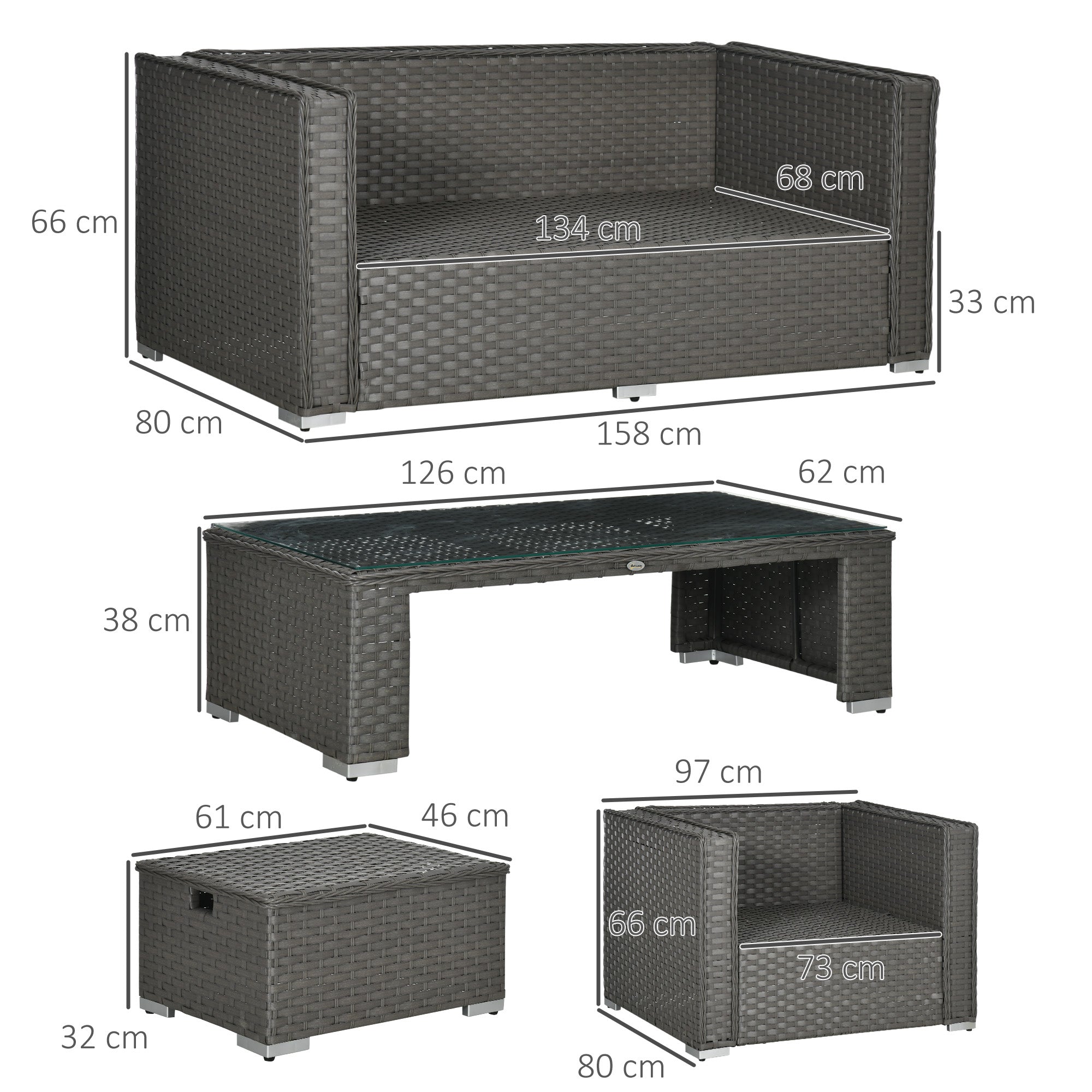 Outsunny 6PC Garden Rattan Sofa Set Bonzer Outdoor Furniture Patio Table Loveseat Stool Lounging Ottoman Aluminium Frame Wicker Weave Conservatory Grey - North Peak Garden Furniture