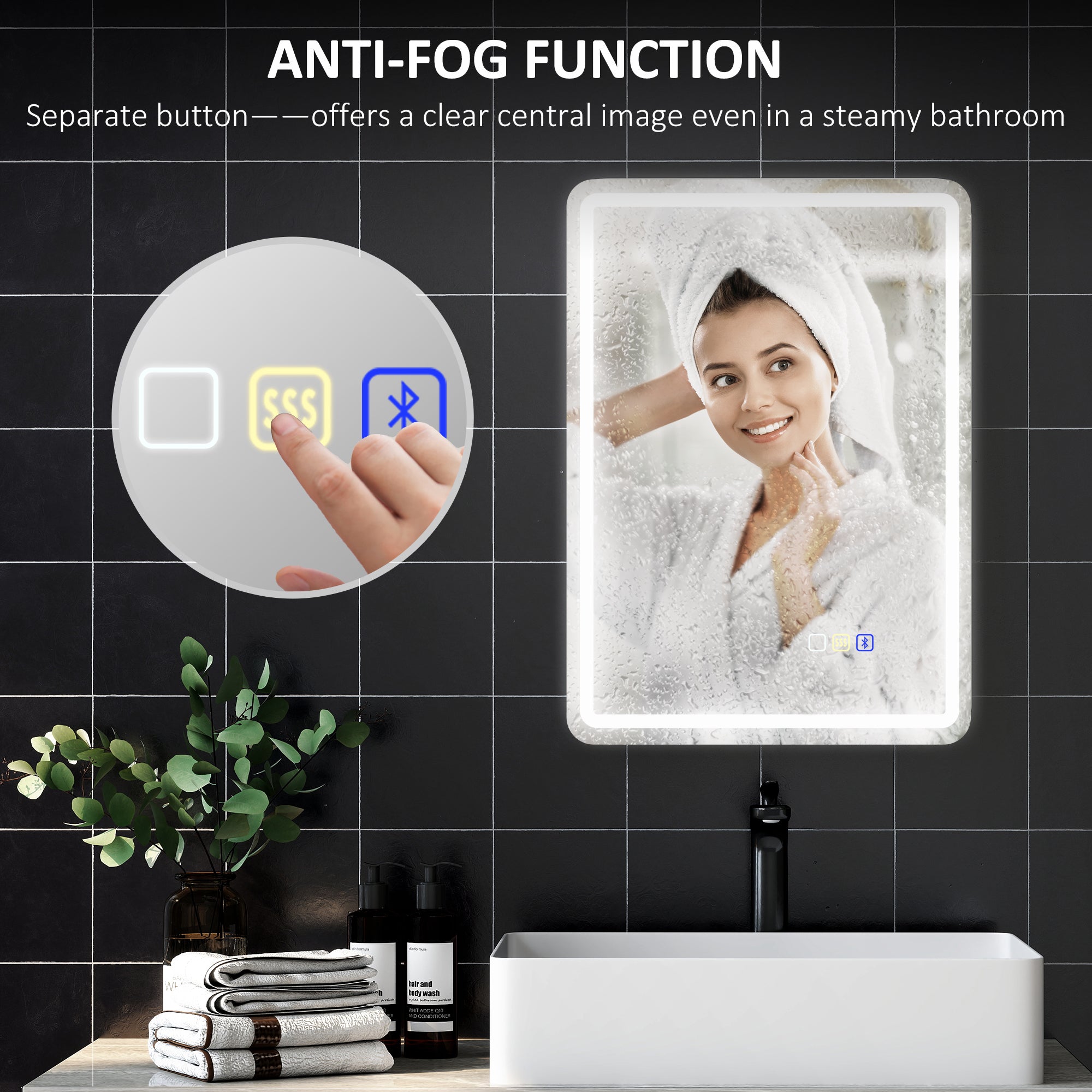 HOMCOM 50 x 70 cm Bluetooth LED Bathroom Mirror with Anti-Fog - Silver Tone - North Peak Garden Furniture