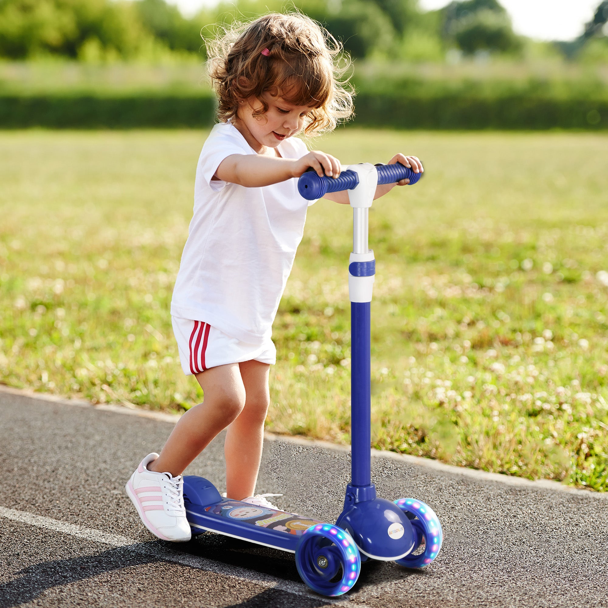 AIYAPLAY Kids 3 Wheel Scooter for 2-6 Years Old w/ Adjustable Height, LED Light, TPE Handlebar, Blue - North Peak Garden Furniture