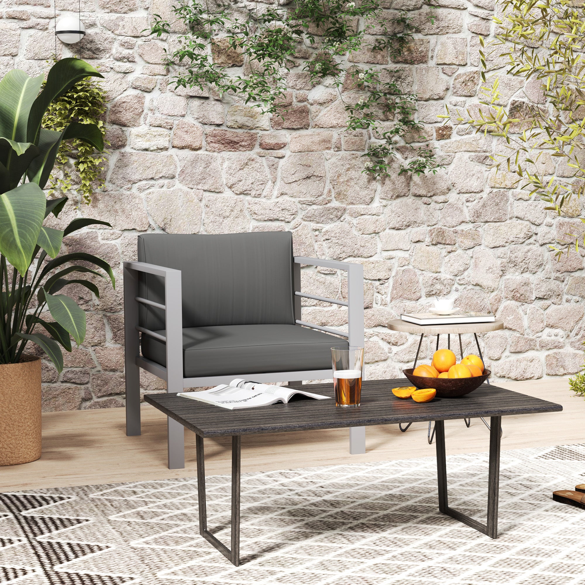 Outsunny Garden Sofa Set of 2, All-Weather Garden Sofa Set with Removable Cushions, Metal Frame Outdoor Furniture for Balcony, Charcoal Grey - North Peak Garden Furniture