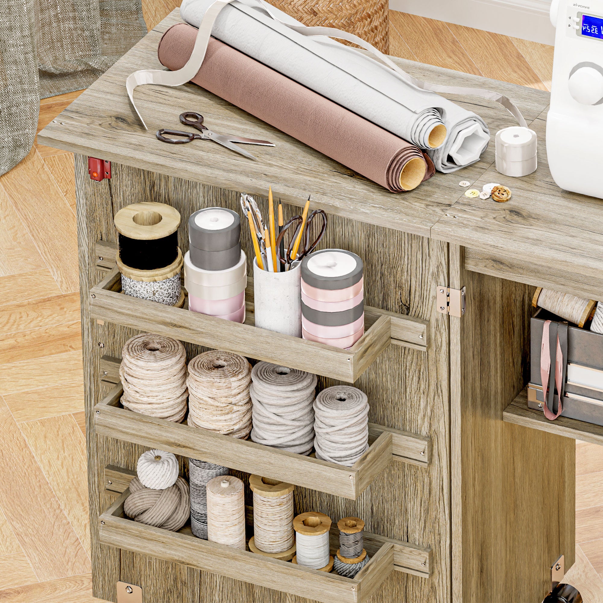 HOMCOM Folding Sewing Table, Drop Leaf Craft Table with Storage Bins, Open Shelf and Wheels, Rolling Sewing Machine Cabinet Computer Desk for Small Space, Grey - North Peak Garden Furniture