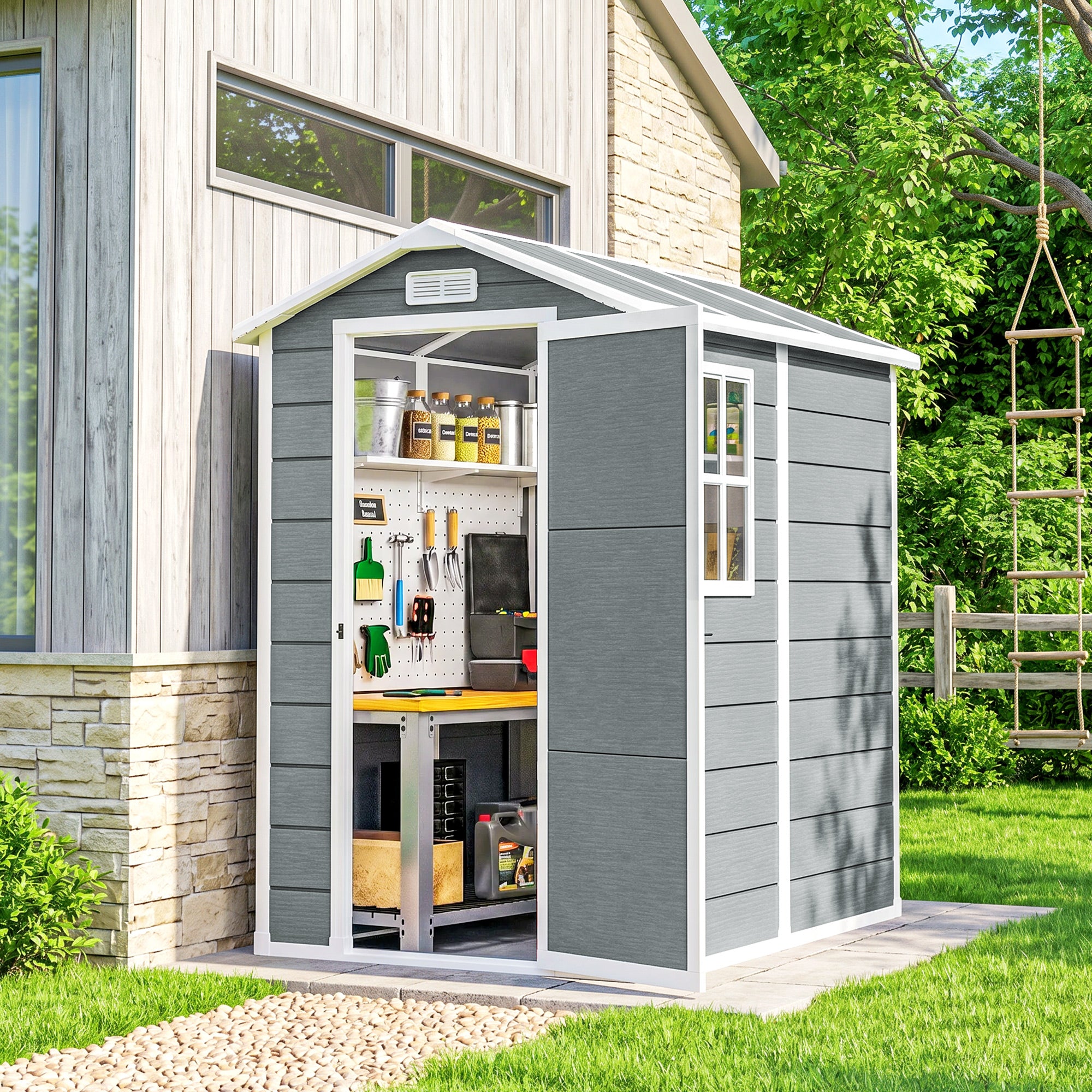 Outsunny 4 x 6ft Garden Shed, Plastic Shed with Floor, Window, Lockable Door and Vents, Resin Tool Shed for Outdoor Patio Storage, Zero Maintenance, Grey