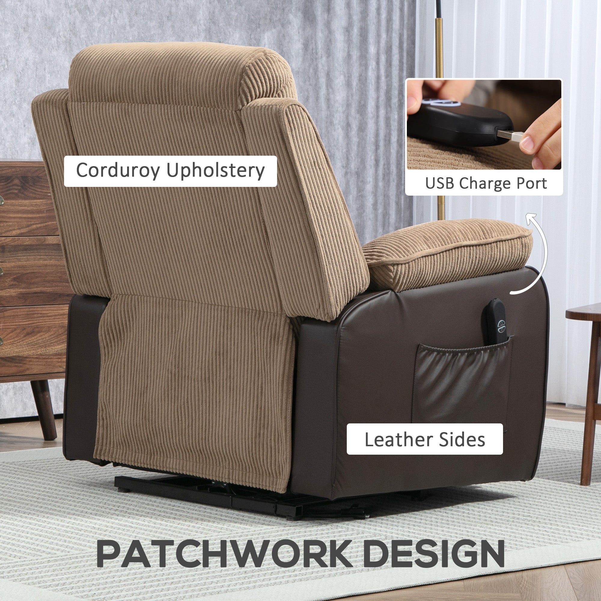 HOMCOM Power Lift Recliner Chair for Elderly, Patchwork Design Oversized Electric Riser and Recliner Armchair for Living Room with Remote Control and 2 Side Pockets, Brown - North Peak Garden Furniture