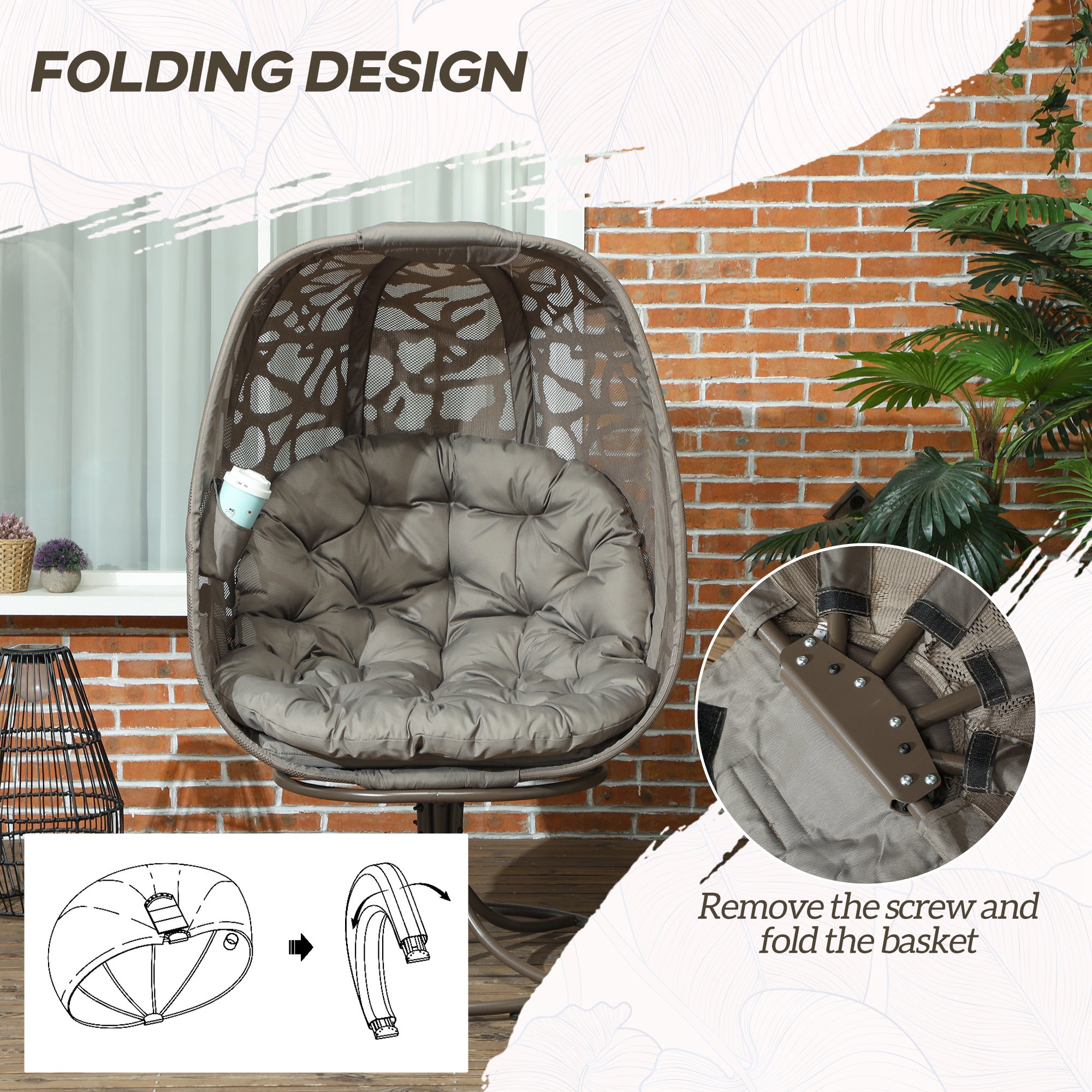 Outsunny Swivel Egg Chair with Cushions, Foldable Basket Seat and Metal Frame, Indoor Outdoor Lounge Chair for Balcony, Poolside, Patio and Living Room, Sand Brown - North Peak Garden Furniture