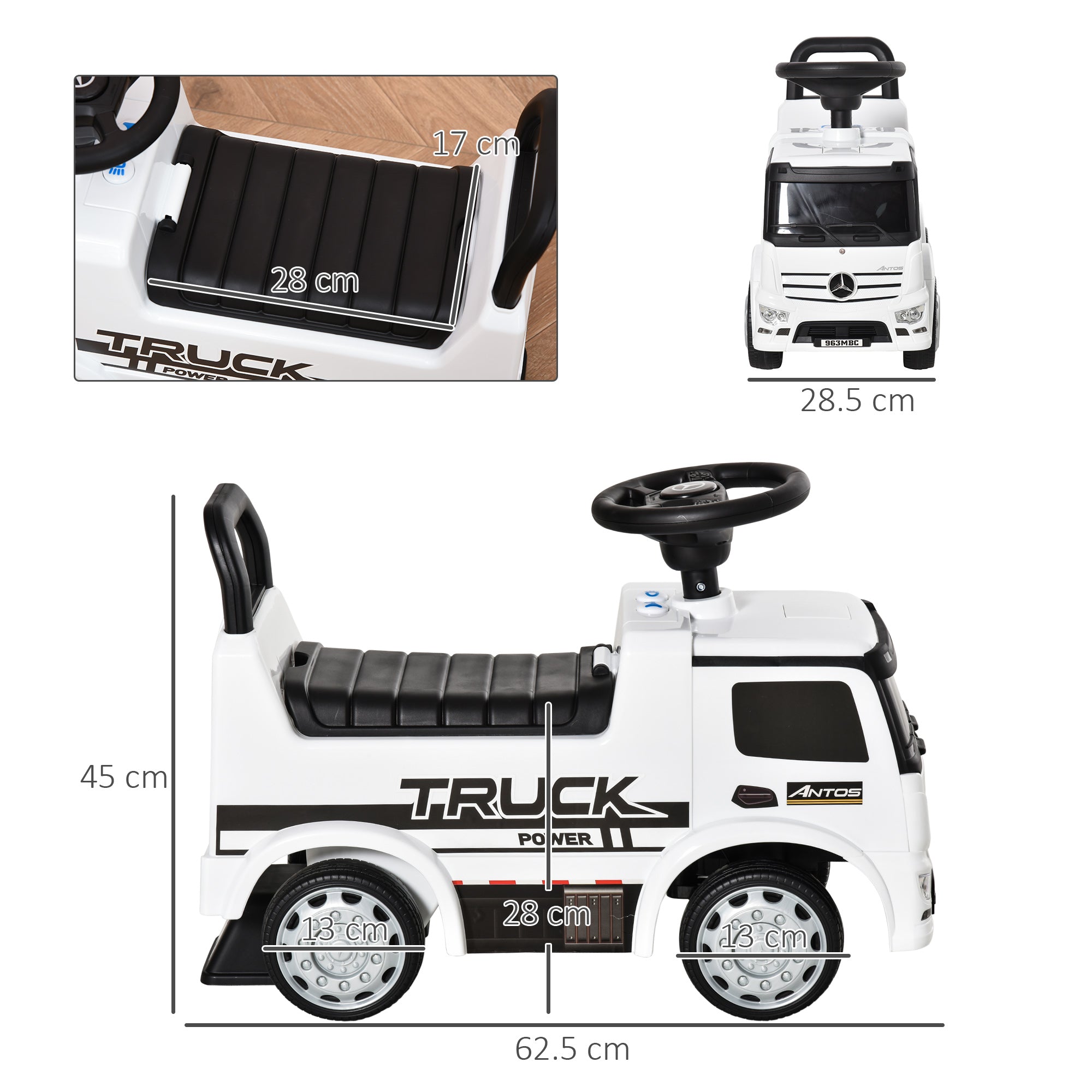 HOMCOM Compatible Kids Ride On Car Truck Mercedes Benz Licensed Toddler Foot To Floor Slider w/Under Seat Storage for 12 - 36 Months White - North Peak Garden Furniture