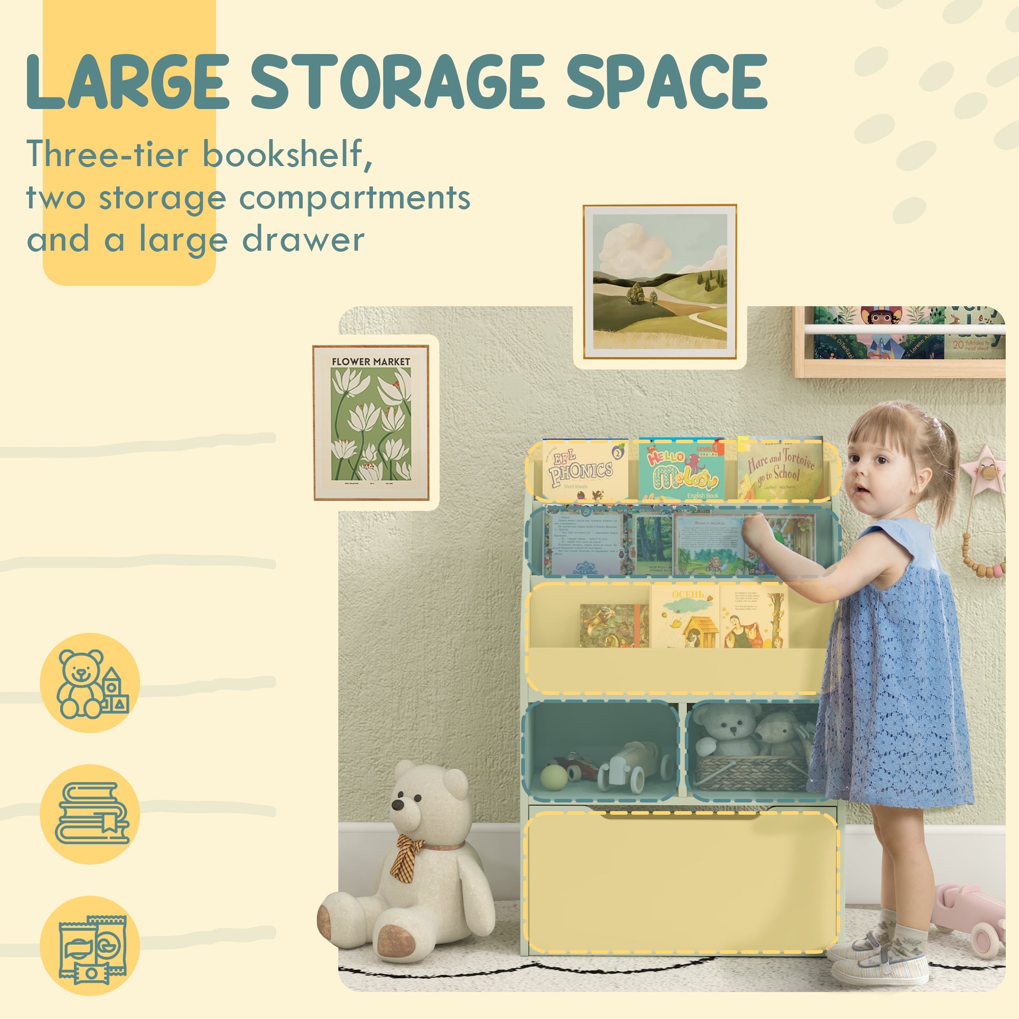HOMCOM Kids Bookshelf, Toy Organiser, with Storage Drawer, Wheels - Green - North Peak Garden Furniture