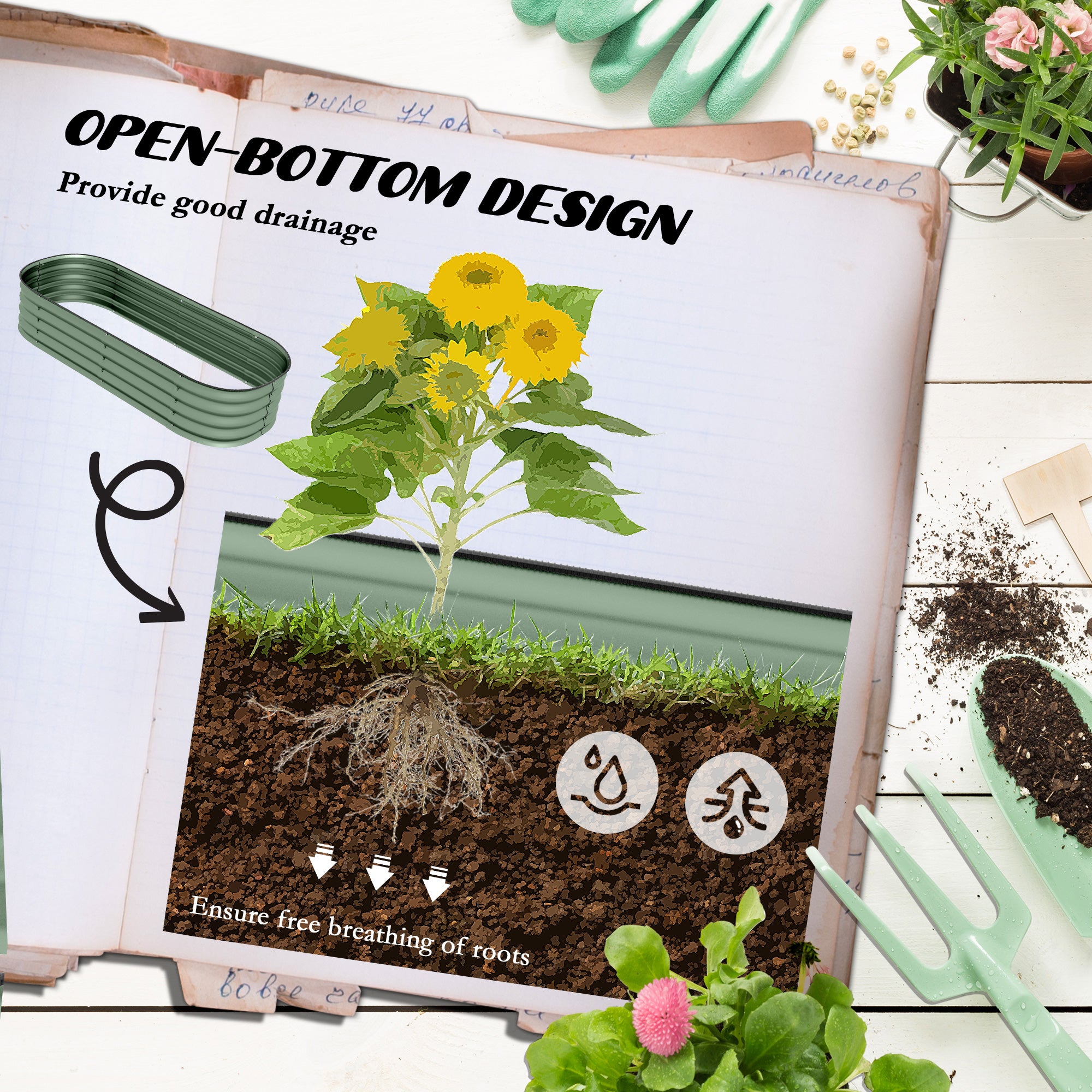 Outsunny Galvanised Raised Garden Bed, Metal Planter Box with Safety Edging, for Flowers, Herbs, Succulents, Green - North Peak Garden Furniture