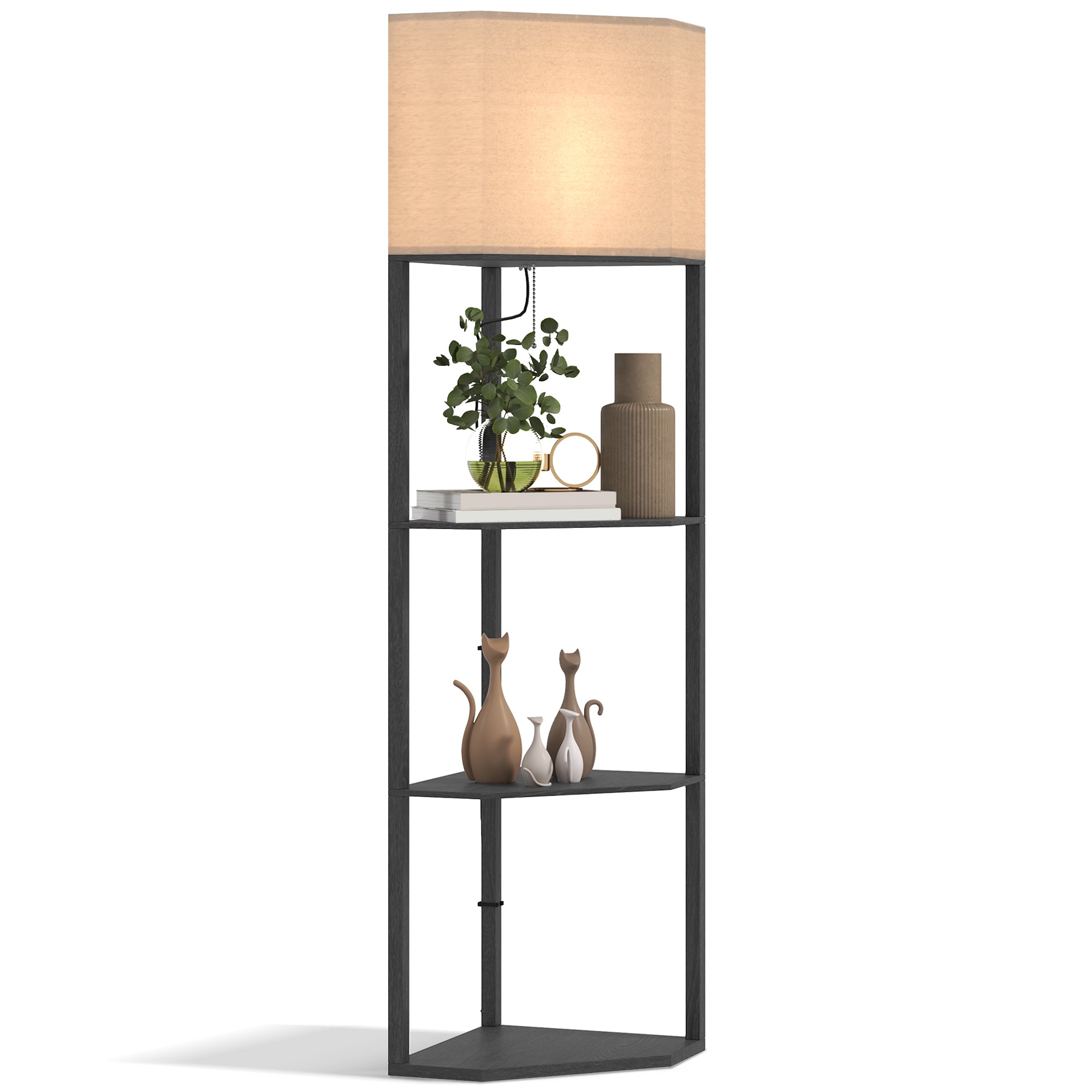 HOMCOM Corner Floor Lamp with Shelves, Modern Tall Standing Lamps for Living Room, Bedroom, with Chain Switch Bulb not Included, Black - North Peak Garden Furniture