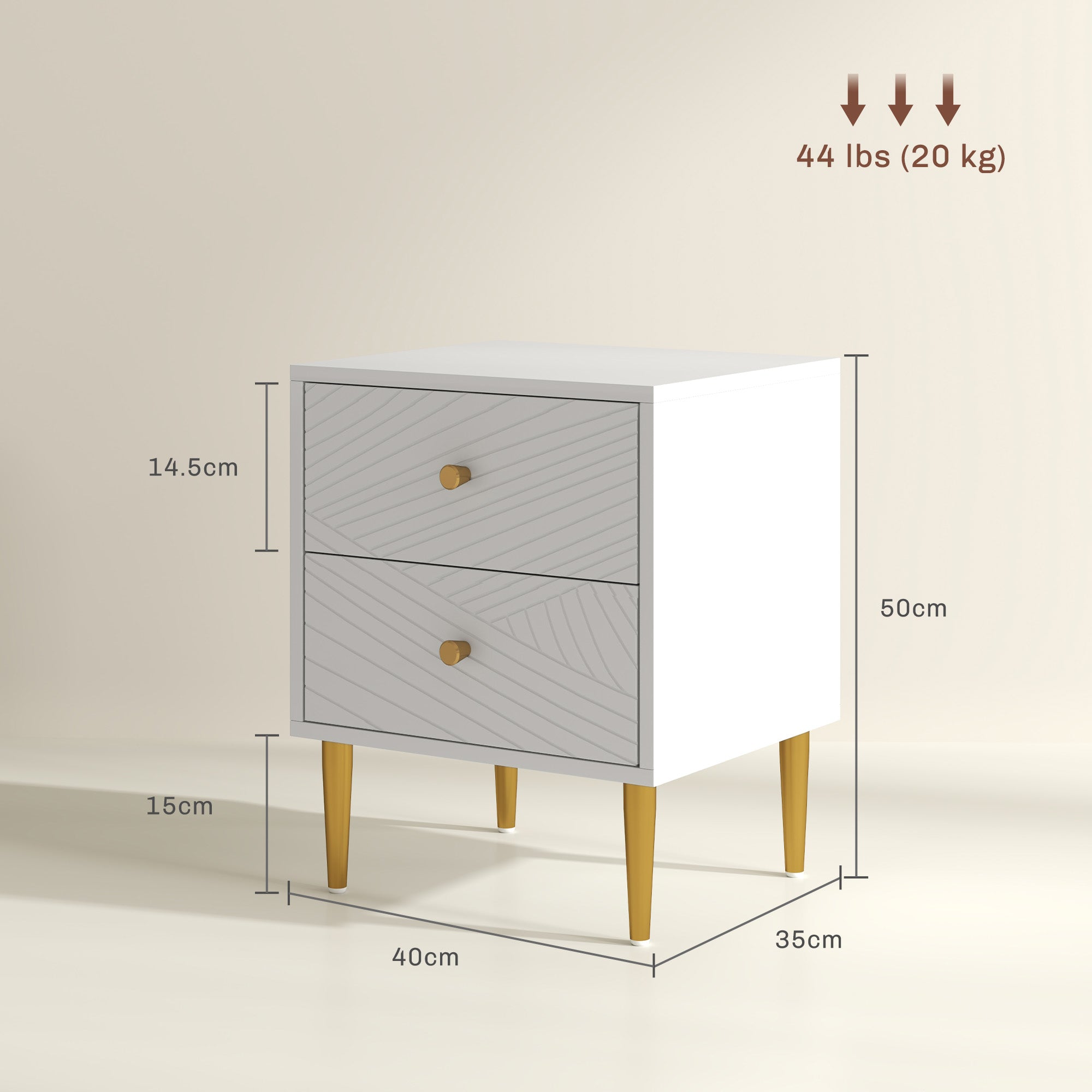 HOMCOM Elegant Two-Drawer Bedside Table - White/Gold-Tone - North Peak Garden Furniture
