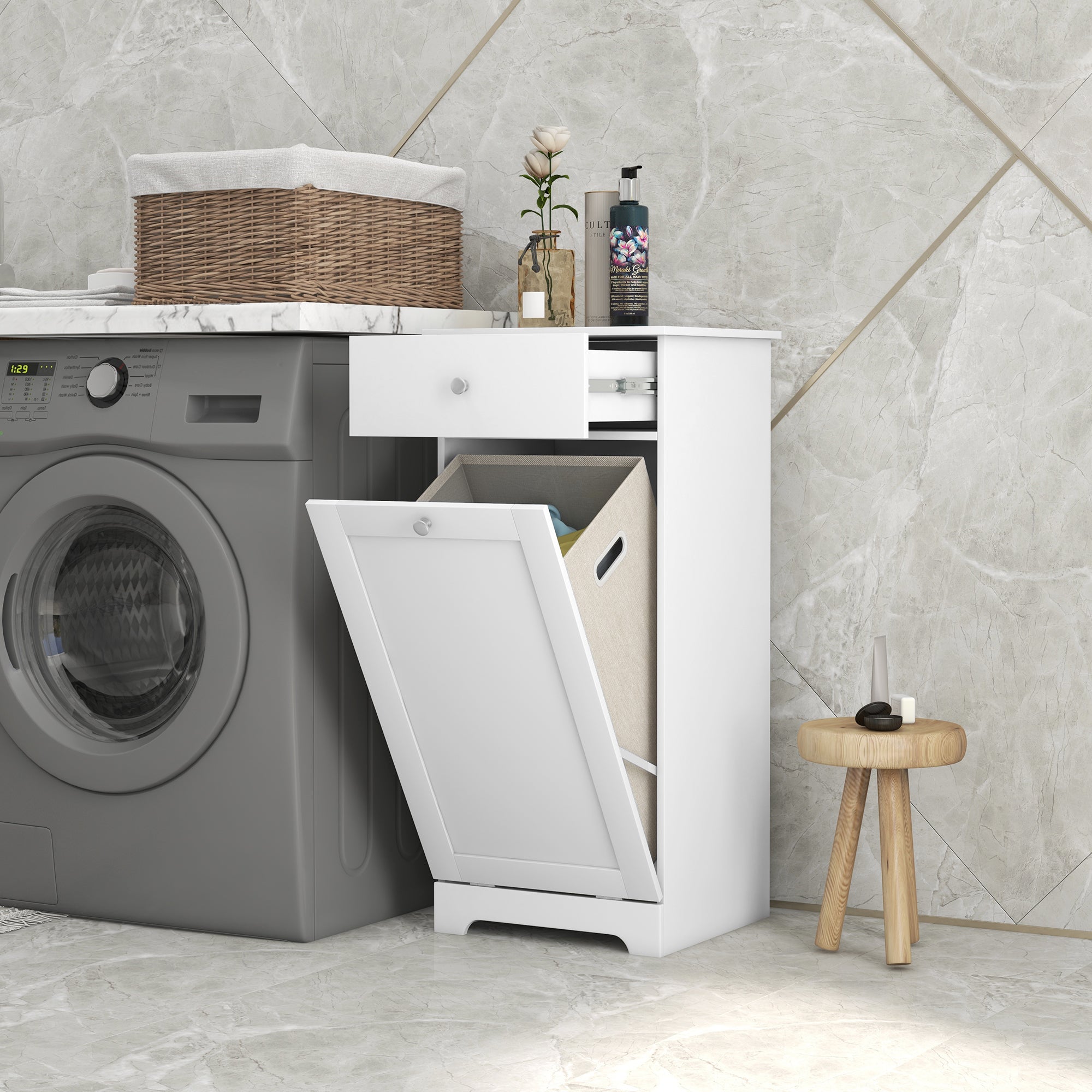 HOMCOM Single Hamper Laundry Storage Cabinet - White - North Peak Garden Furniture