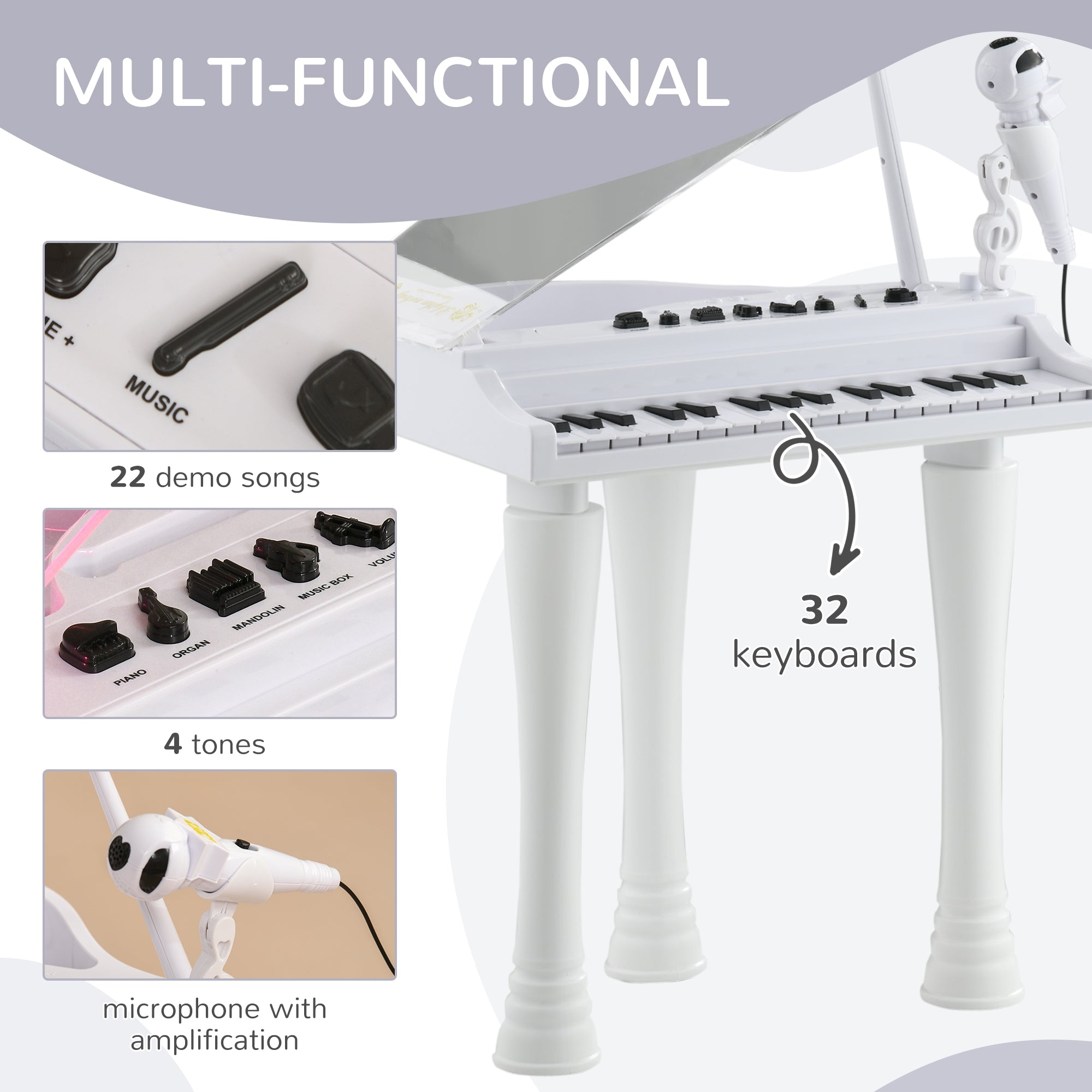 AIYAPLAY 32-Key Kids Piano Keyboard, with Stool, Lights, Microphone, Sounds, Removable Legs - White - North Peak Garden Furniture