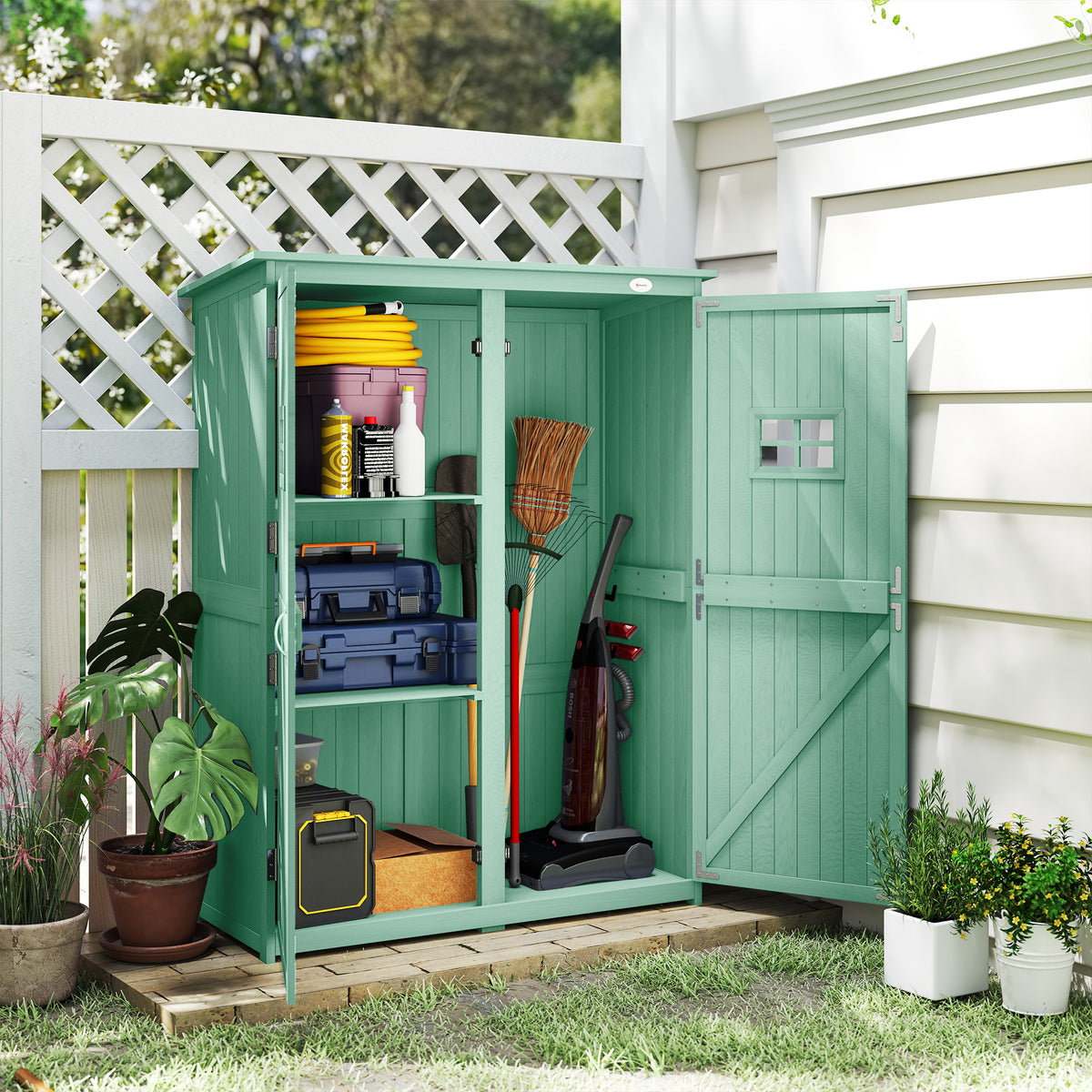 Outsunny Wooden Garden Shed with Two Windows, Tool Storage Cabinet, Outdoor Double Door organiser 127.5W x 50D x 164H cm, Green