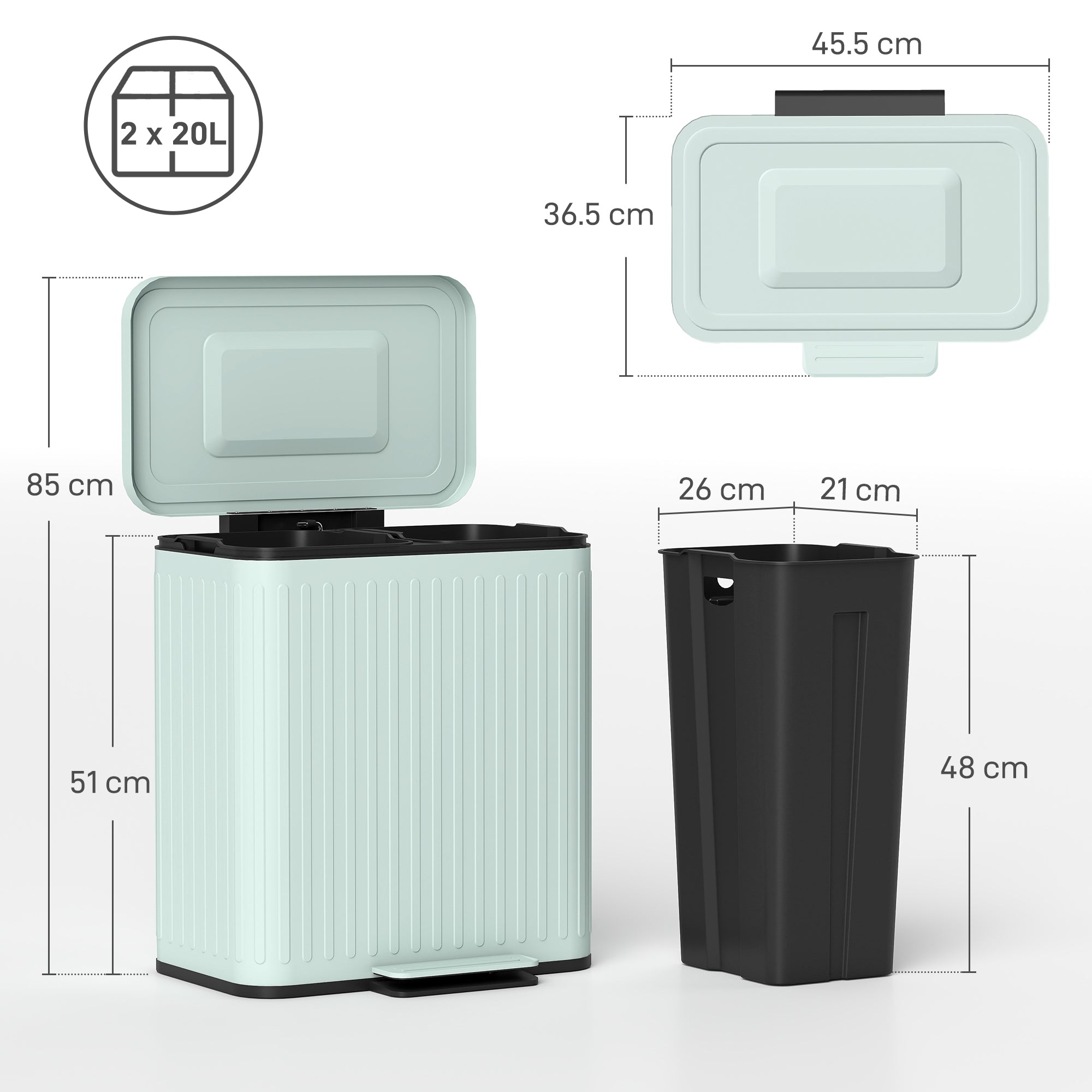 HOMCOM 40L Dual Compartment Rubbish Bin, with Soft-Close Lid - Green - North Peak Garden Furniture
