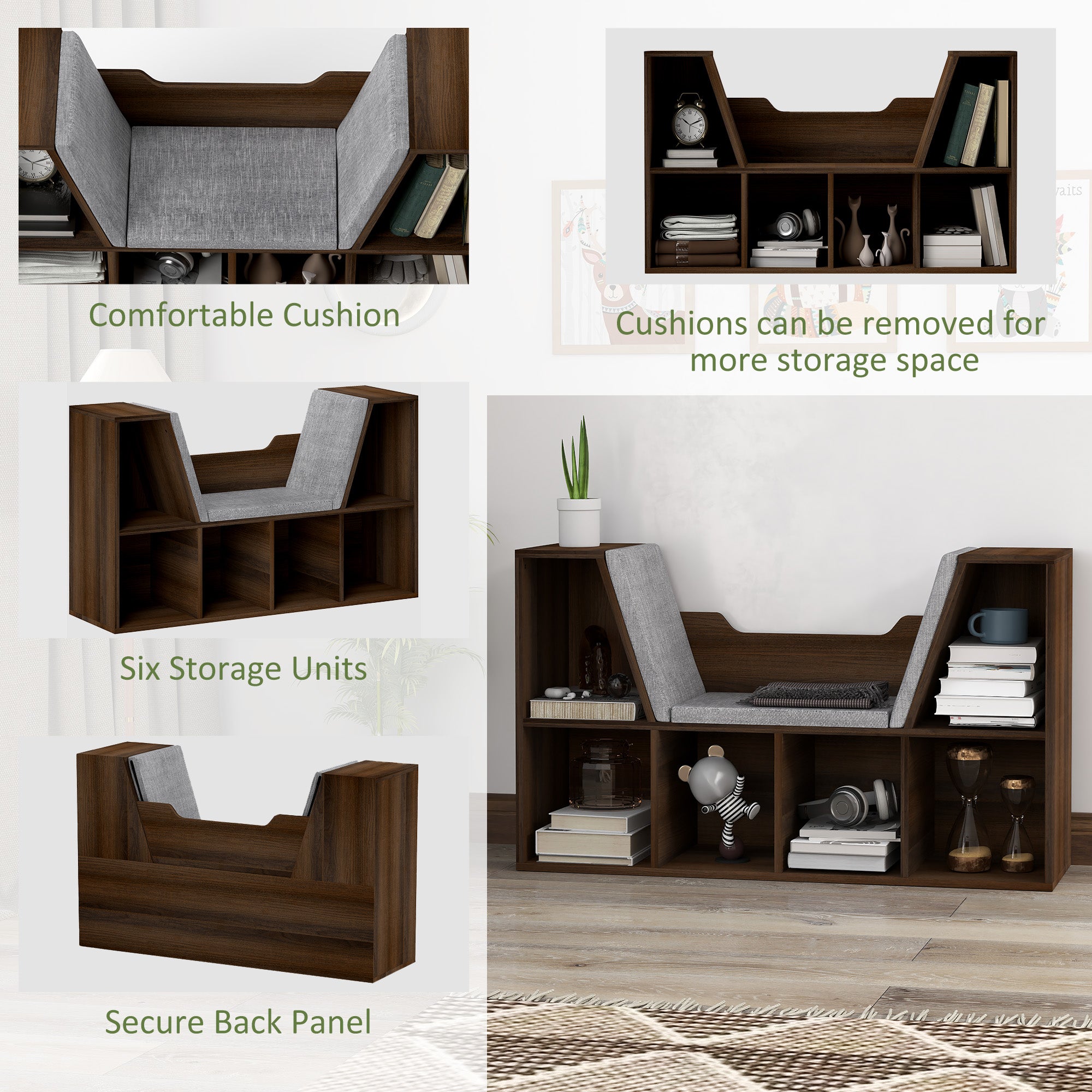 HOMCOM Bookcase Storage Shelf with Cushioned Reading Seat, Cube Bookshelf Organizer for Bedroom Living Room, Chestnut - North Peak Garden Furniture
