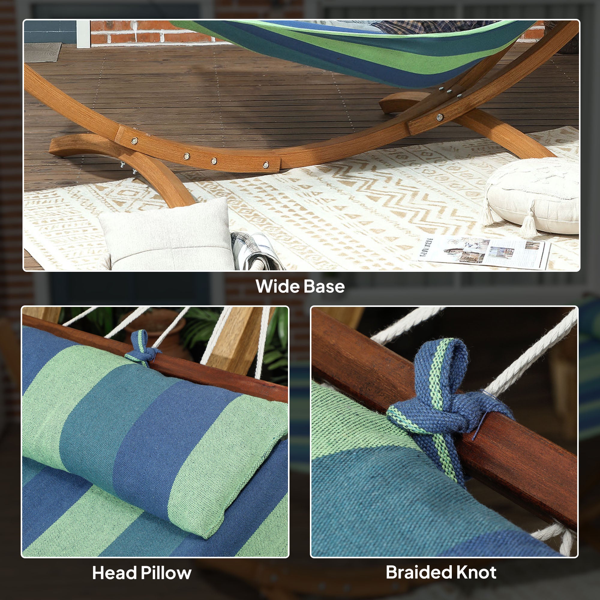 Outsunny Outdoor Hammock with Stand, Garden Hammock with Triple-Head Eucalyptus Wood Arc Frame, 1 Person Cotton Bed and Head Pillow, Freestanding Garden Swing Bed for Patio, Blue Stripe - North Peak Garden Furniture
