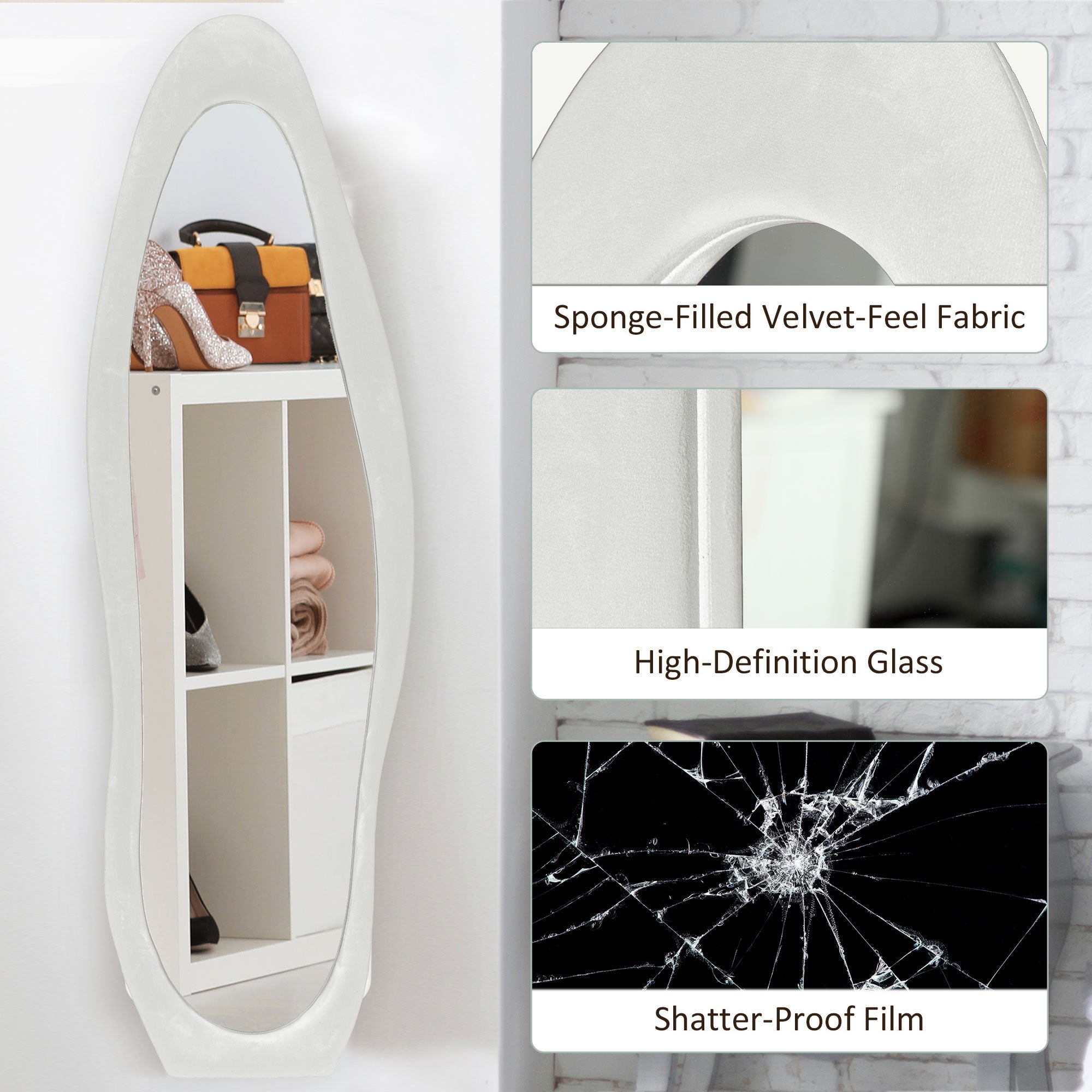 HOMCOM Wavy Velvet-Feel Full Length Mirror - White - North Peak Garden Furniture