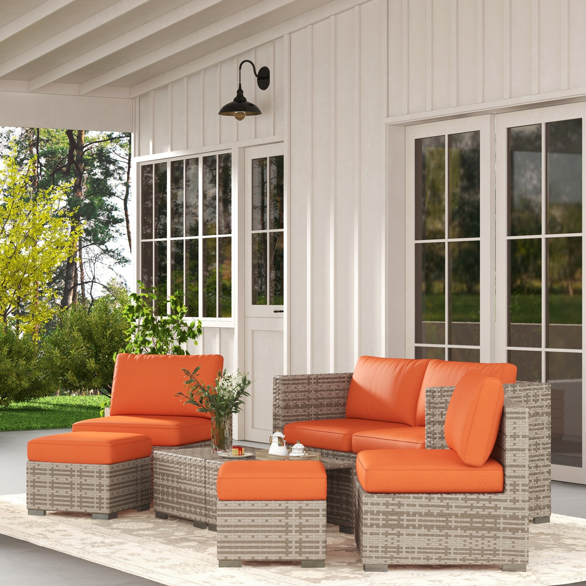 Outsunny Eight-Piece Rattan Garden Set, with Contrast Cushions - Orange/Grey - North Peak Garden Furniture