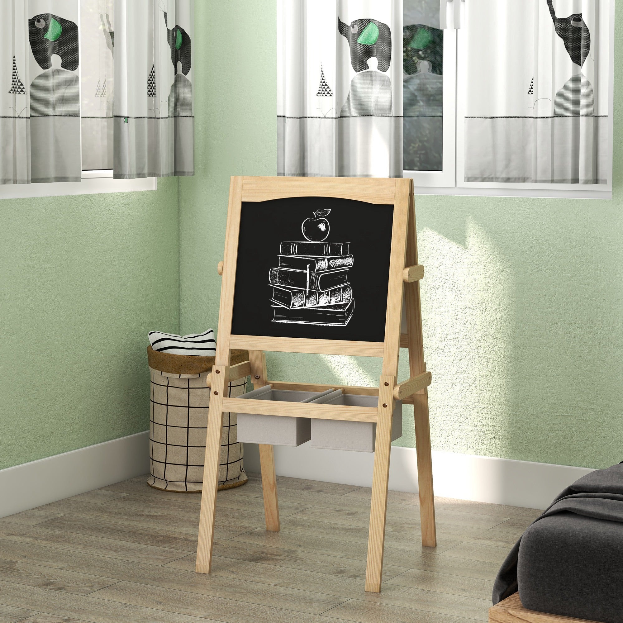 AIYAPLAY Kids Easel with Paper Roll, 3 in 1 Art Easel for Toddlers, Double-Sided Kids Whiteboard Blackboard with Storage Baskets for Ages 3-6 Years - Natural Wood Finish - North Peak Garden Furniture
