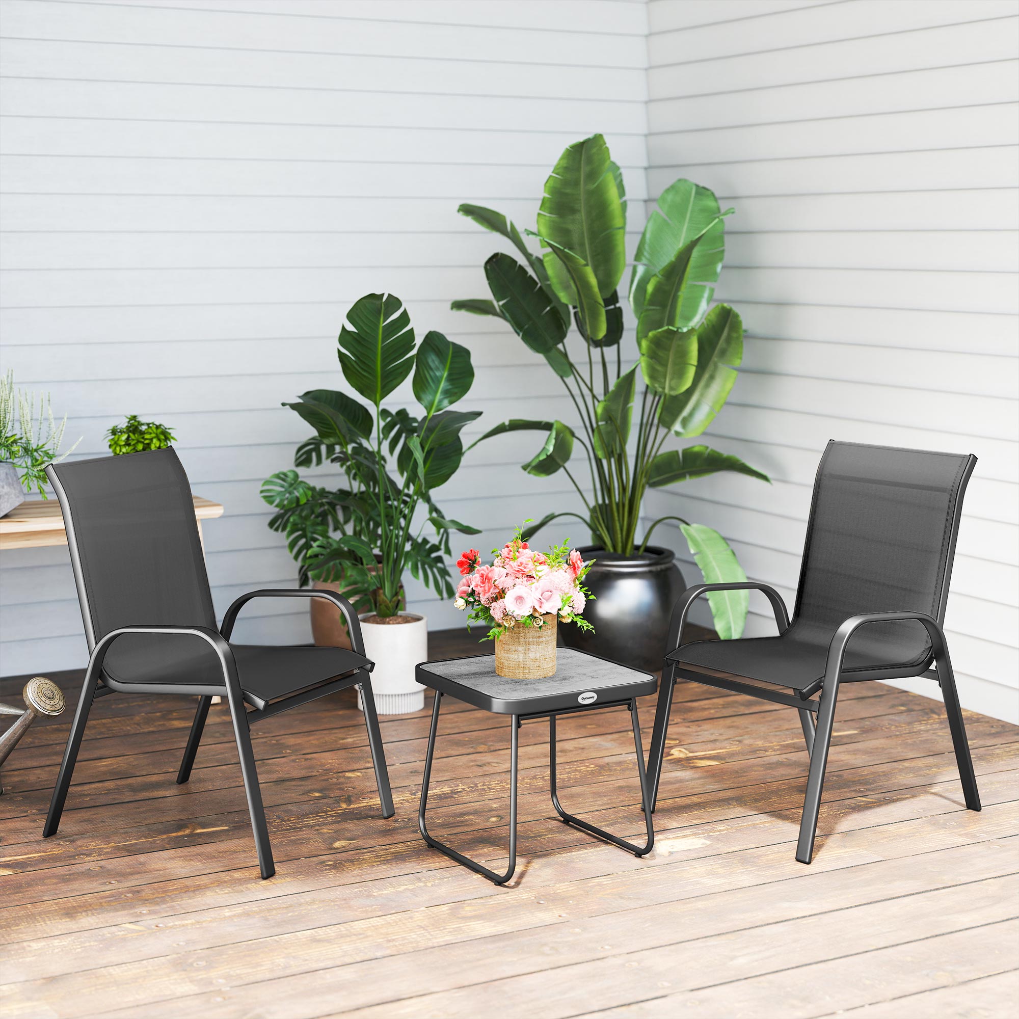 Outsunny 3 Pieces Outdoor Bistro Set, Patio Stackable Armchairs with Breathable Mesh Fabric and SPC Board Coffee Table, Black - North Peak Garden Furniture