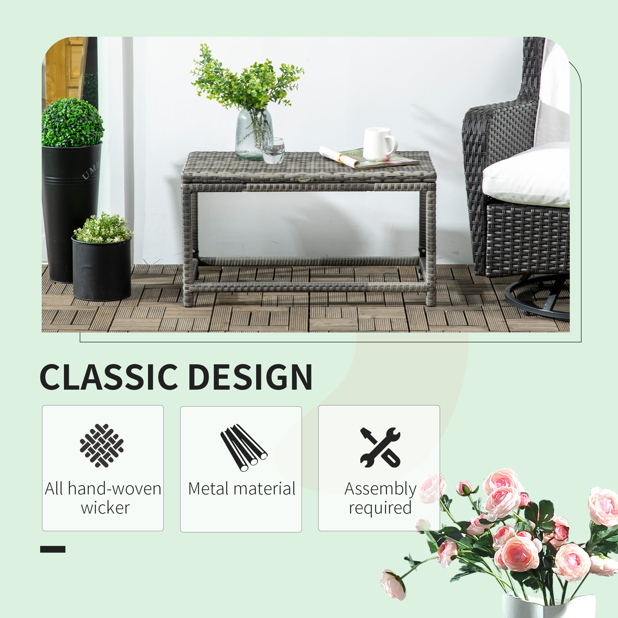 Outsunny Outdoor Coffee Table, Garden PE Rattan Side Table with Plastic Board Under the Full Woven Table Top and Rectangular Frame for Patio, Balcony, Mixed Grey - North Peak Garden Furniture