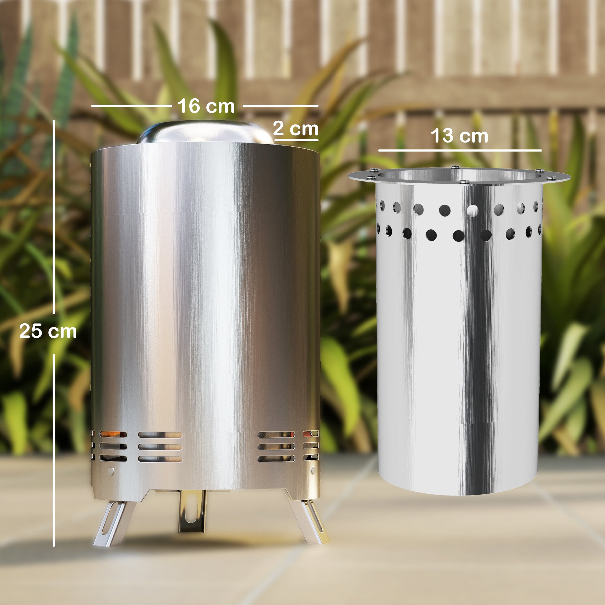 Outsunny Smokeless Fire Pit, 16 x 16 cm Stainless Steel Portable Wood Burning Firepit with Poker, Wood or Pellet Fuelled Tabletop Fire Pit for Garden Camping Bonfire Party, Silver Tone - North Peak Garden Furniture