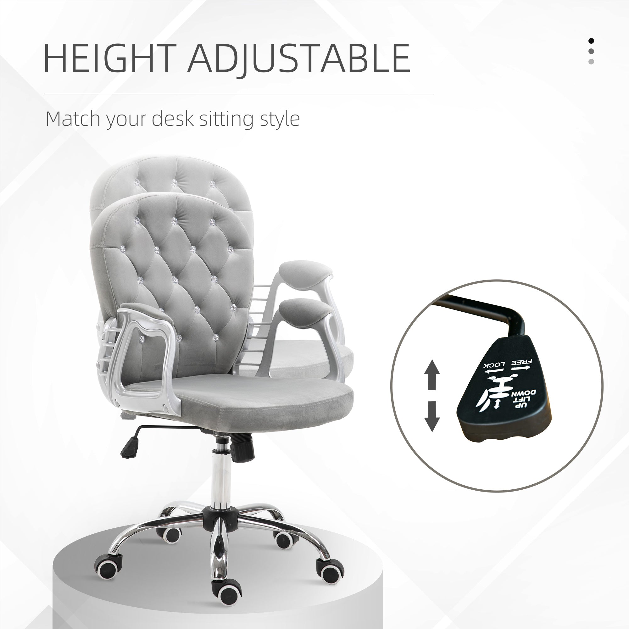 Vinsetto Office Chair, Swivel Desk Chair, Velvet Vanity Chair with Adjustable Height and Rolling Wheels for Home Work Study, Grey - North Peak Garden Furniture