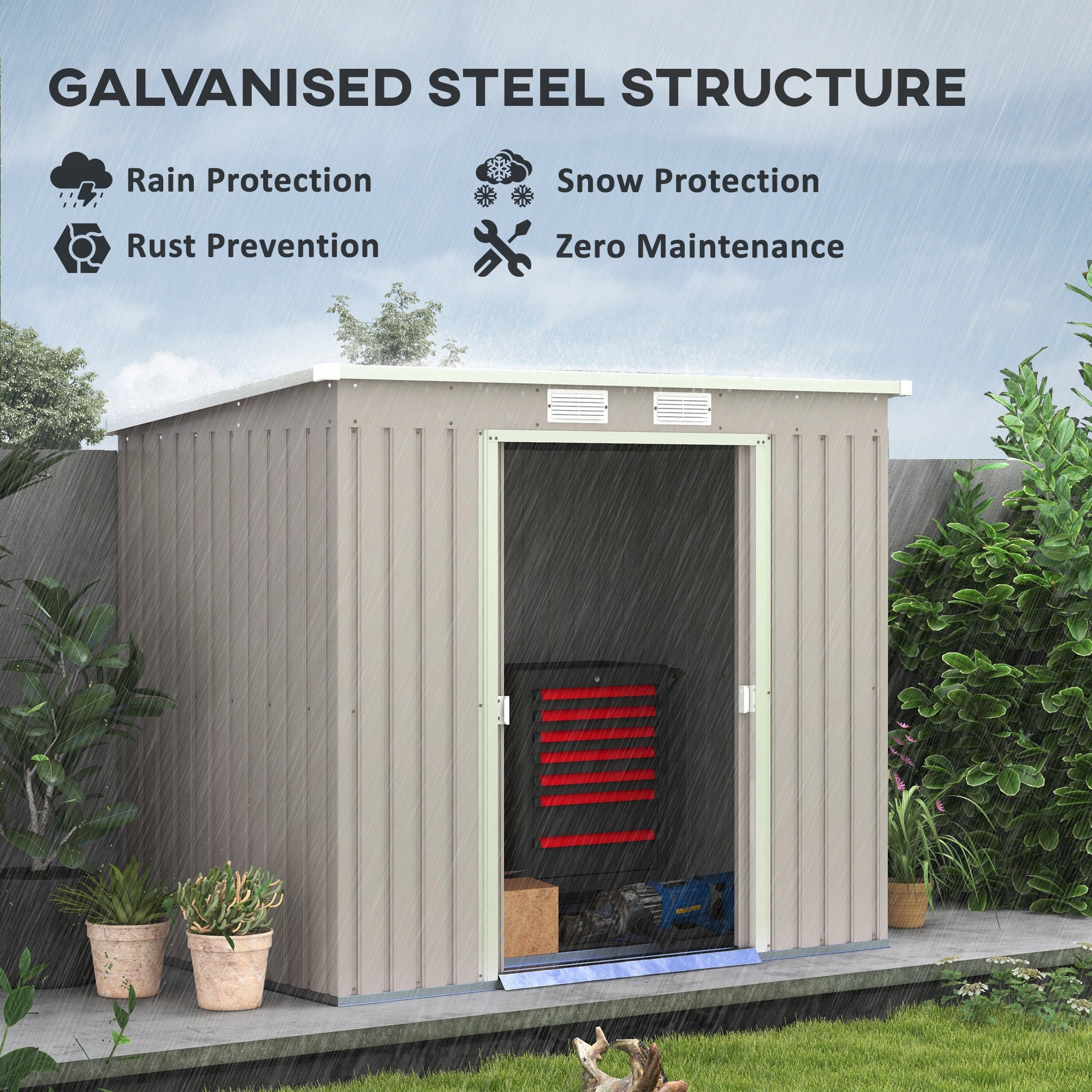 Outsunny Outdoor Lean to Garden Metal Equipment Tool Storage Shed w/ Foundation Kit, Double Door, Vents and Sloped Roof, Grey - North Peak Garden Furniture