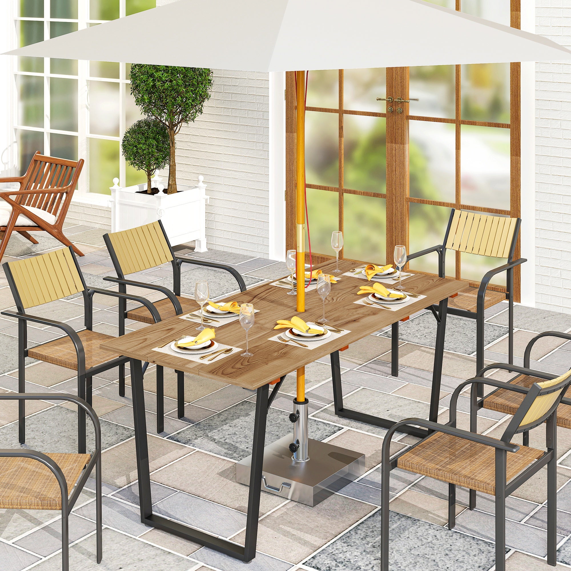 Outsunny Garden Table for 6, 175 x 80 cm Large Rectangle Outdoor Dining Table with 5cm Parasol Hole and Slatted Top, Weather Resistant Fir Wood Patio Table for Balcony, Terrace, Brown - North Peak Garden Furniture