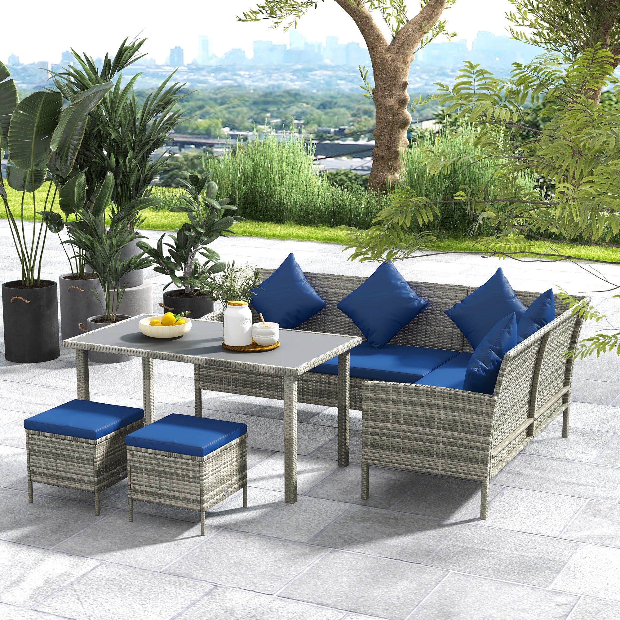 Outsunny 5 Pieces Rattan Garden Furniture Set with Dining Table, Cushions - Dark Blue