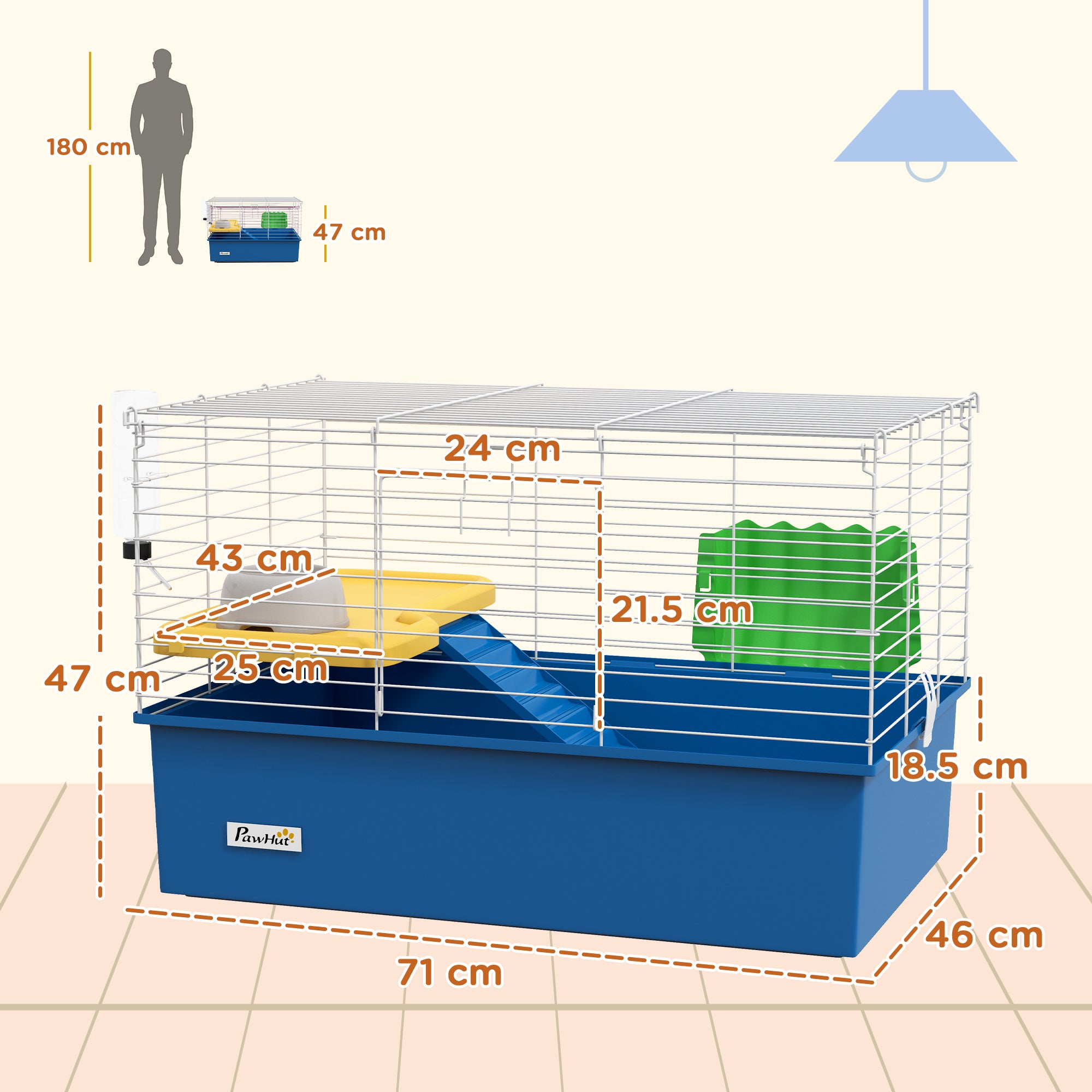 PawHut Chinchillas Small Rabbit Guinea Pig Small Animal Cage, Pet Playhouse, with Platform, Ramp, 71 x 46 x 47cm, Blue - North Peak Garden Furniture