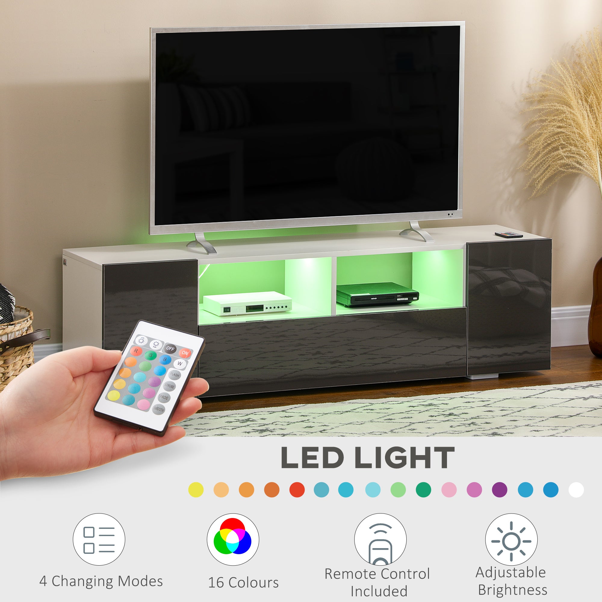 HOMCOM 16 LED Light TV Stand, with Storage - High Gloss Grey - North Peak Garden Furniture