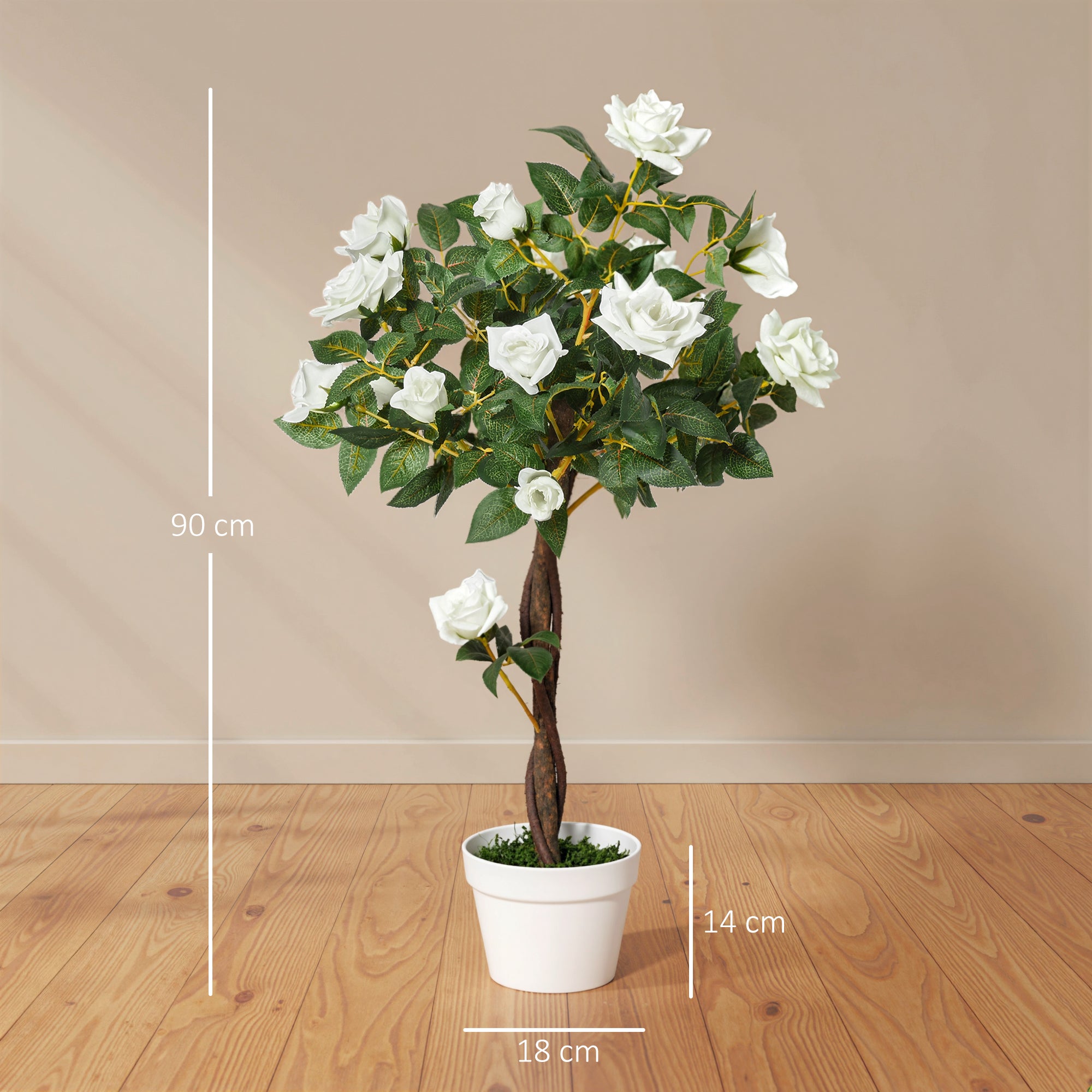 Outsunny Artificial Plants White Rose Floral in Pot, Fake Plants for Home Indoor Outdoor Decor, 90cm