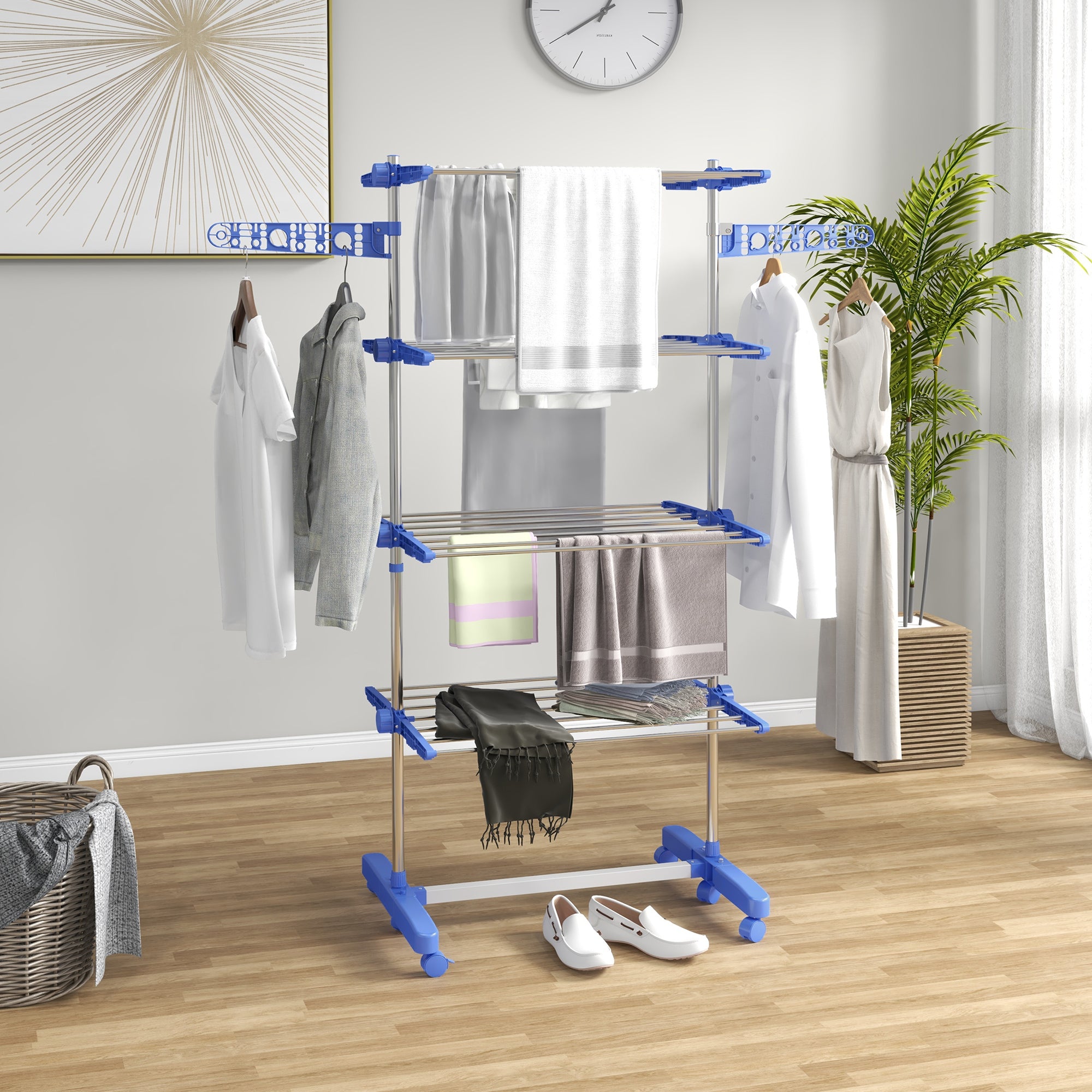 HOMCOM Four-Shelf Collapsing Clothes Horse, With Side Arms and Wheels - Blue - North Peak Garden Furniture