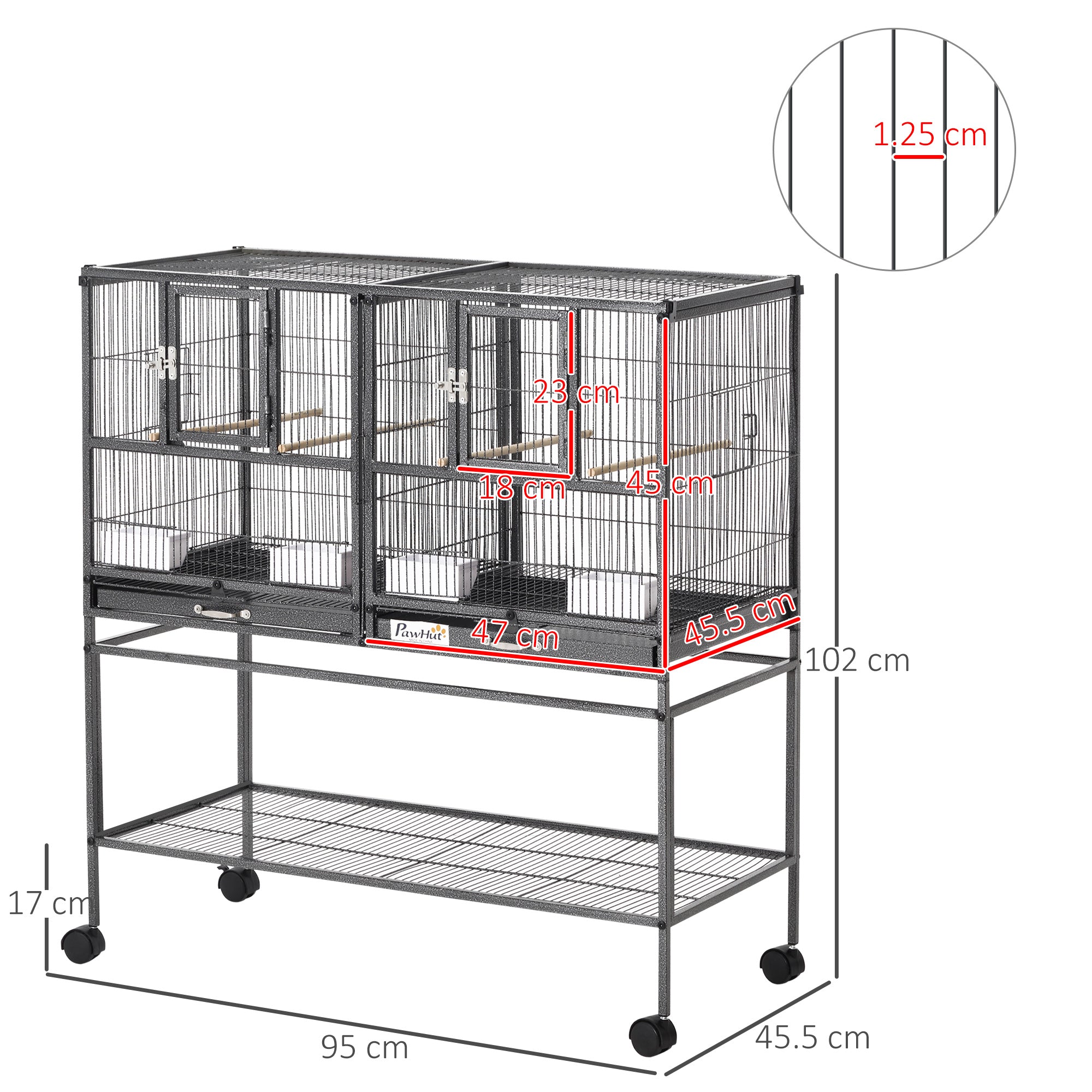 PawHut Large Bird Cage Parrot Cage with Divider, Slide Tray for Finch Canaries Parakeets Cockatiels, 95 x 45.5 x 102 cm - North Peak Garden Furniture