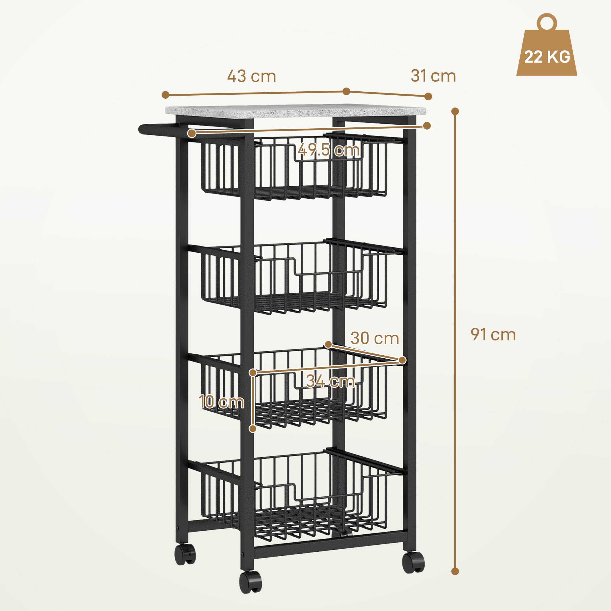 HOMCOM Four Basket Mobile Kitchen Island, with Brakes - Grey/Black - North Peak Garden Furniture