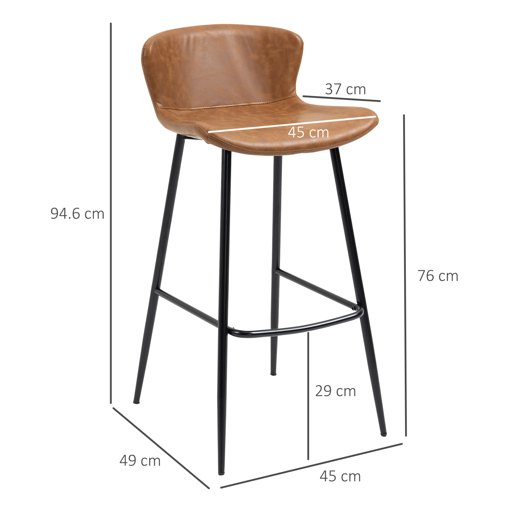 HOMCOM Bar Stools Set of 2, PU Leather Upholstered Bar Chairs, Kitchen Stools with Backs and Steel Legs for Dining Room, Brown - North Peak Garden Furniture