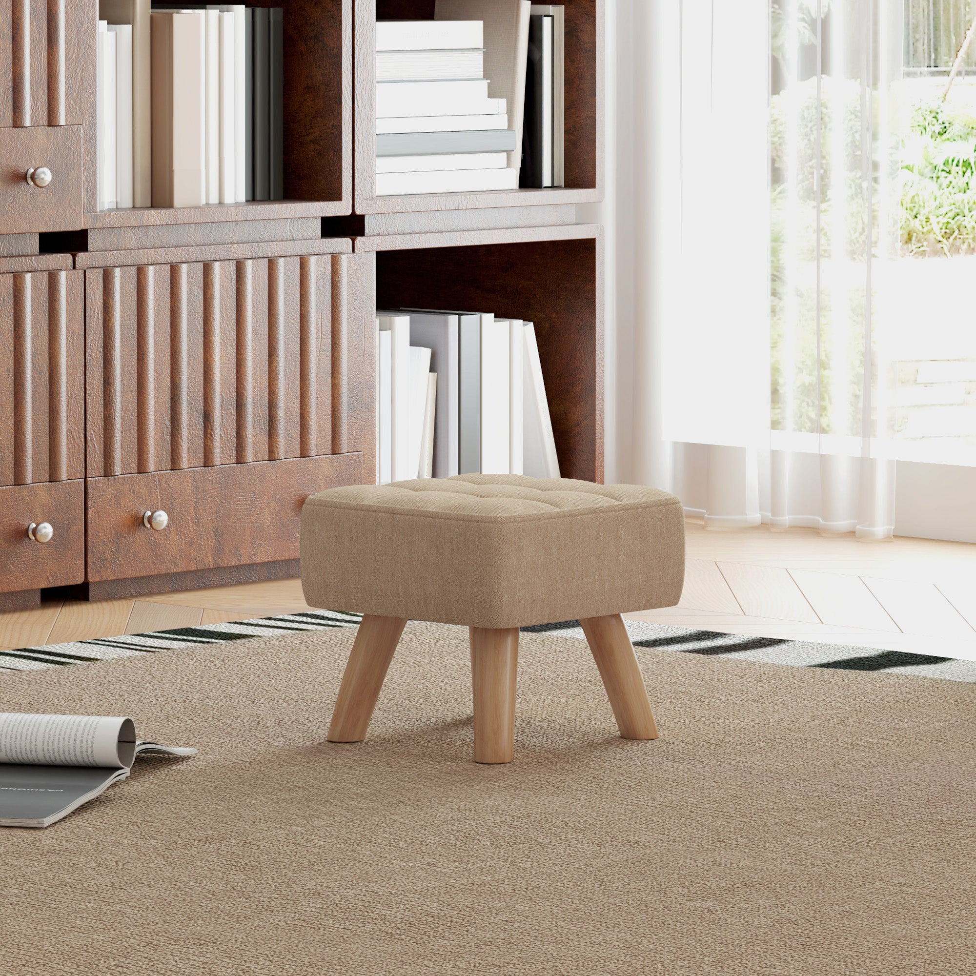 HOMCOM Modern Tufted Footstool, Fabric Foot Stool with Rubber Wood Legs, Padded Seat, for Living Room, Bedroom, Entryway, Light Brown - North Peak Garden Furniture