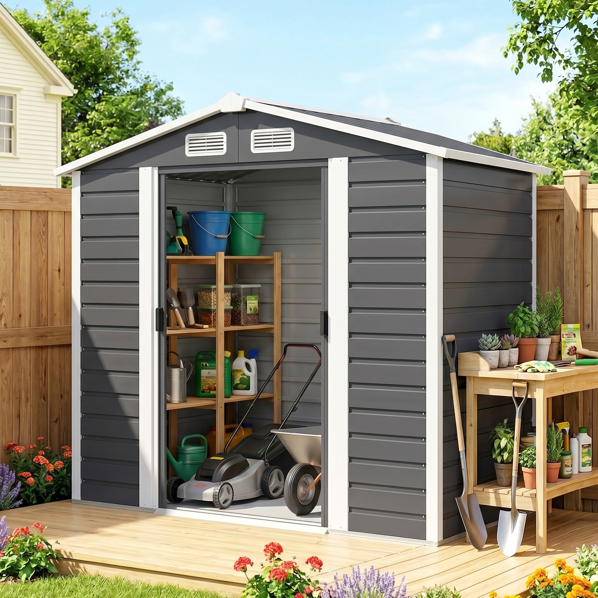 Outsunny 7 x 4ft Garden Shed, Easy to Assemble, Upgraded Galvanised Steel Frame with Foundation Kit, Double Doors with Lock, Outdoor Metal Shed with Vents and Gloves, Garden Storage Shed, Dark Grey