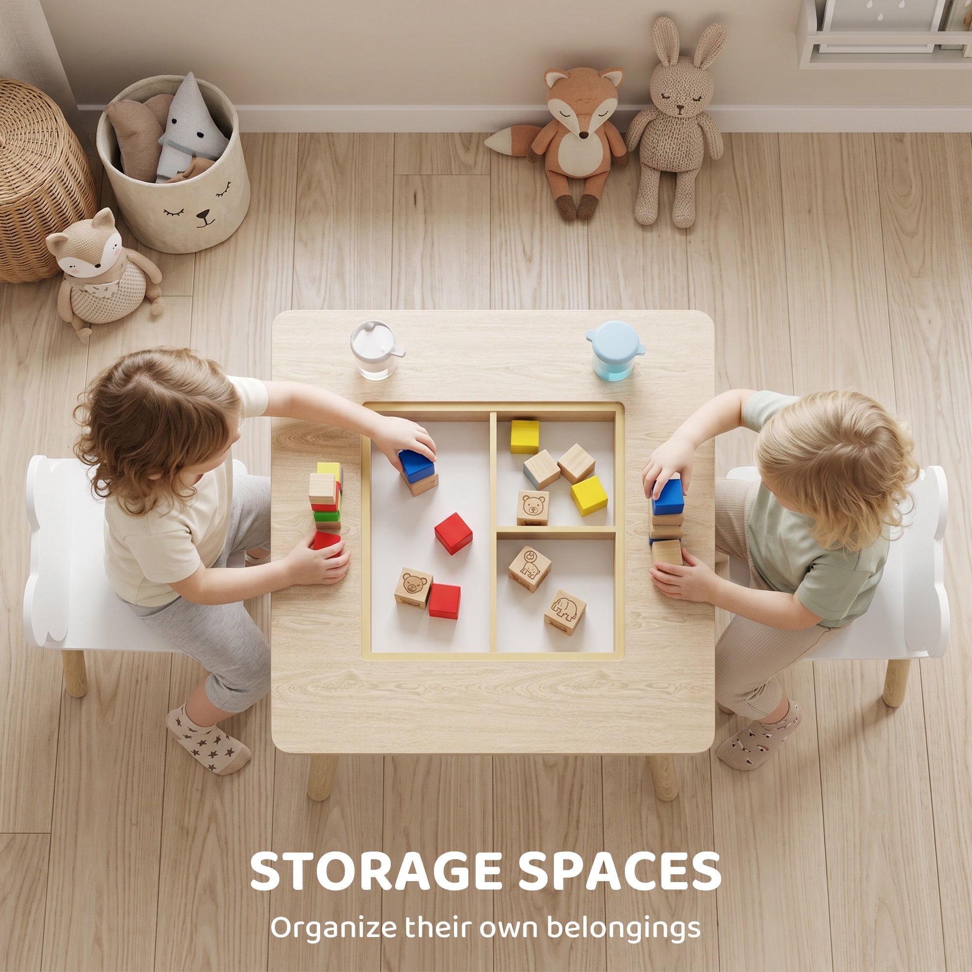 AIYAPLAY 3-Piece Kids Table and Chairs Set with Convertible Desk and Storage Grid, Kids Activity Table for Nursery, Playroom