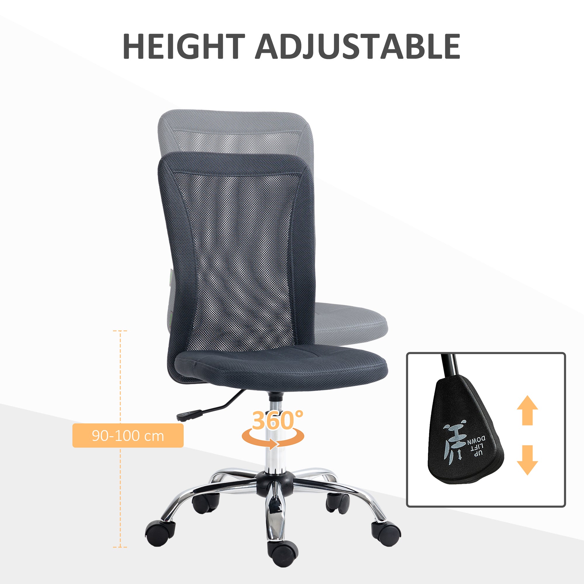 Vinsetto Computer Desk Chair, Mesh Office Chair with Adjustable Height and Swivel Wheels, Armless Study Chair, Dark Grey - North Peak Garden Furniture