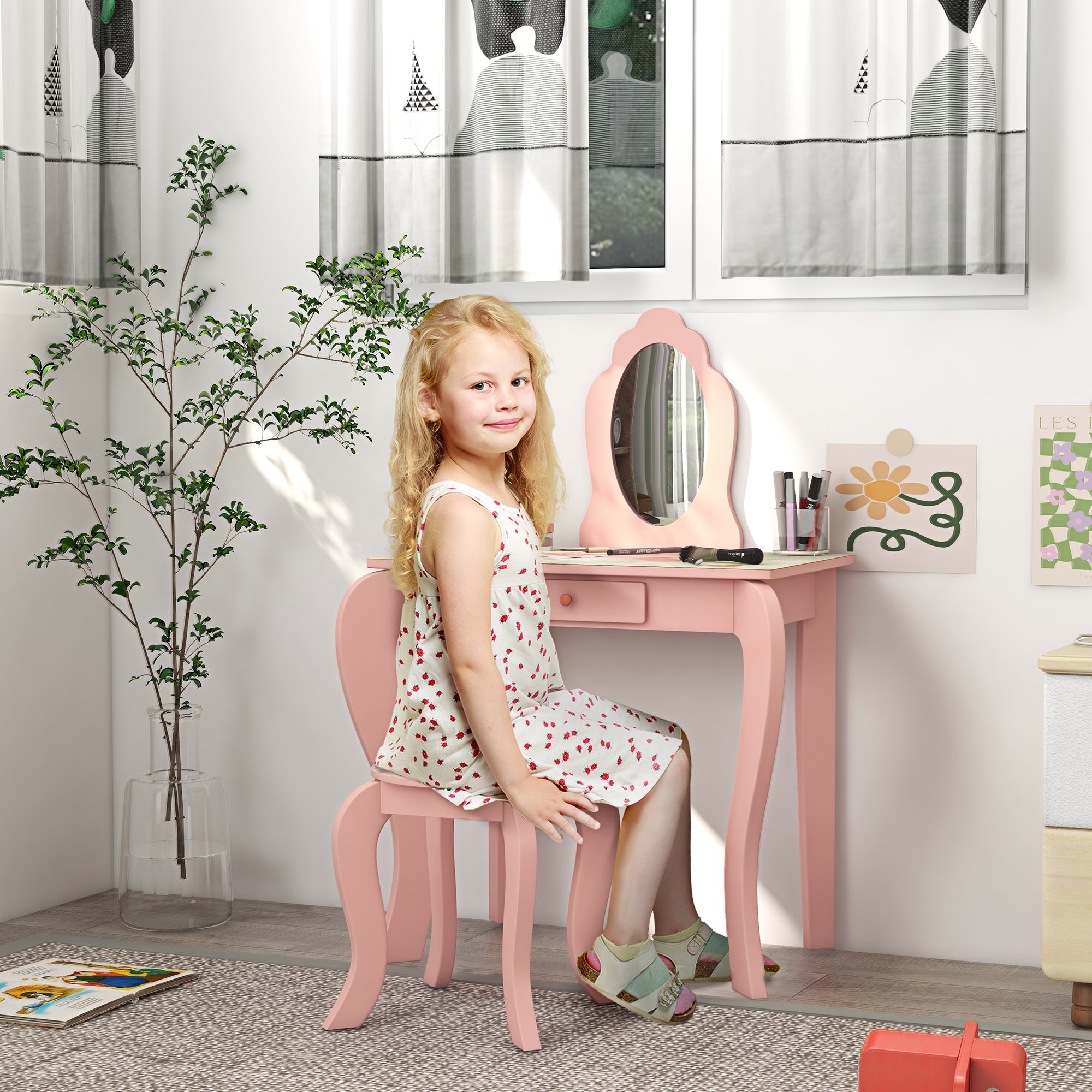 ZONEKIZ Kids Dressing Table with Mirror, Stool, Drawer, Cute Animal Design - Pink - North Peak Garden Furniture