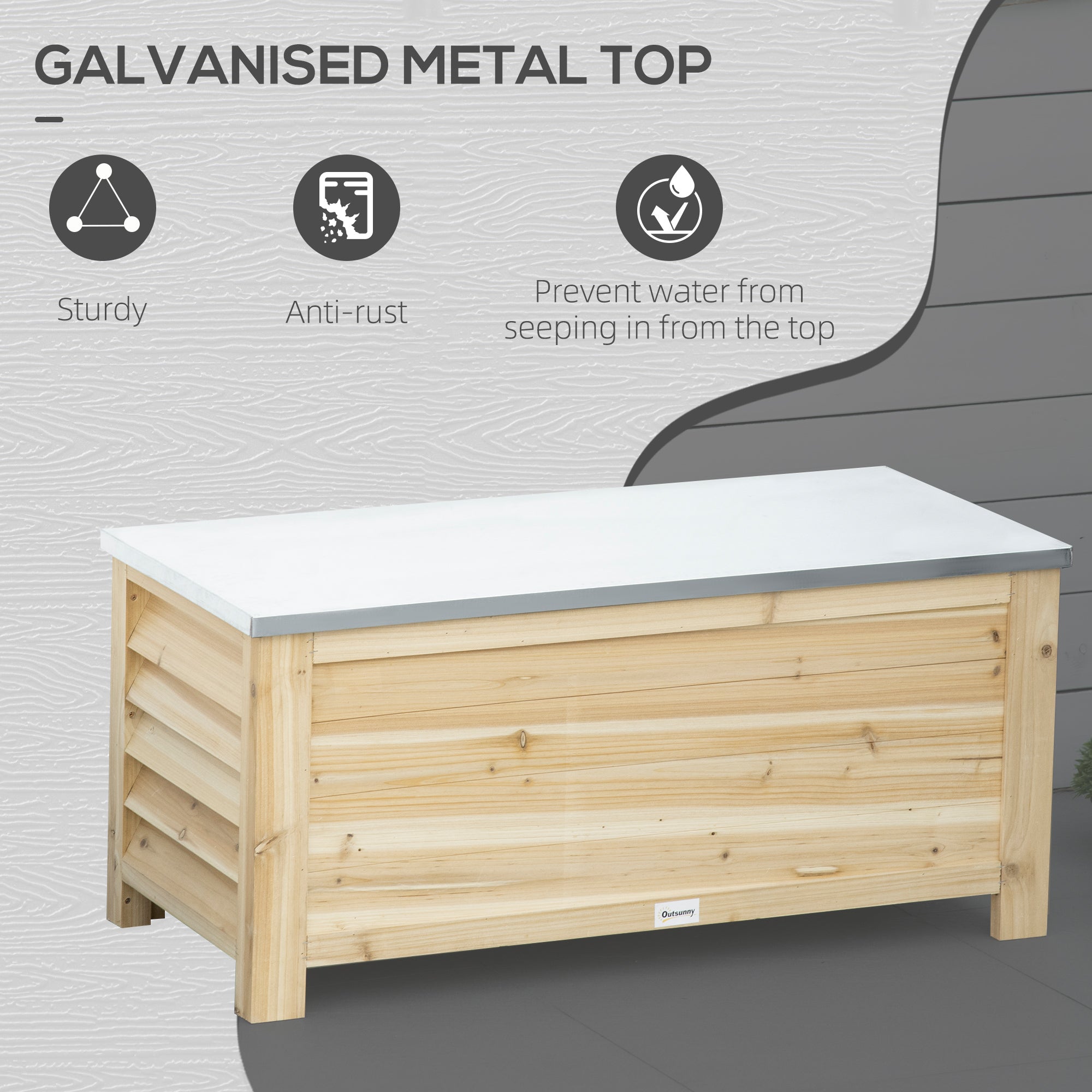 Outsunny 155L Outdoor Storage Box with Metal Top and Shutter Walls, Wooden Outside Tool organiser Container, for Garden, terrace