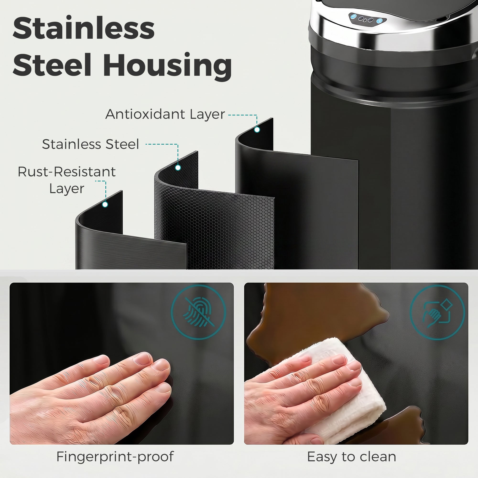HOMCOM 42L Sensor Bin for Kitchen Waste Automatic Dustbin Motion Detection Dustbin  Stainless Steel Rubbish Can with Bucket, Black