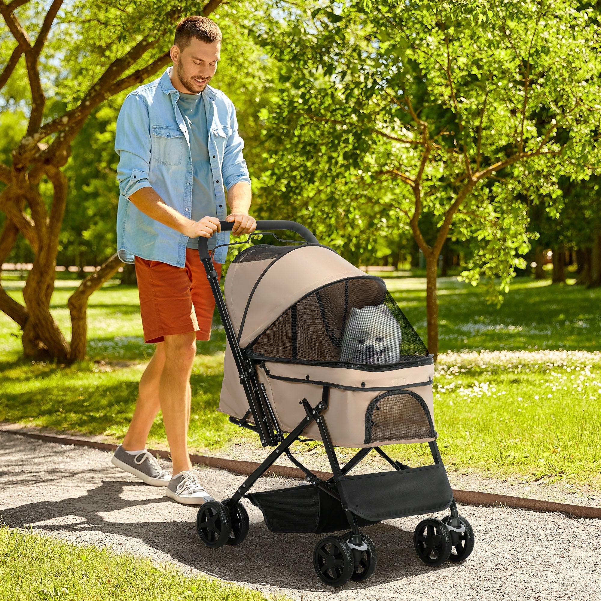 PawHut Pet Stroller Pushchair Foldable Travel Dog Cat Carriage w/ Reversible Handle Brake Basket - North Peak Garden Furniture