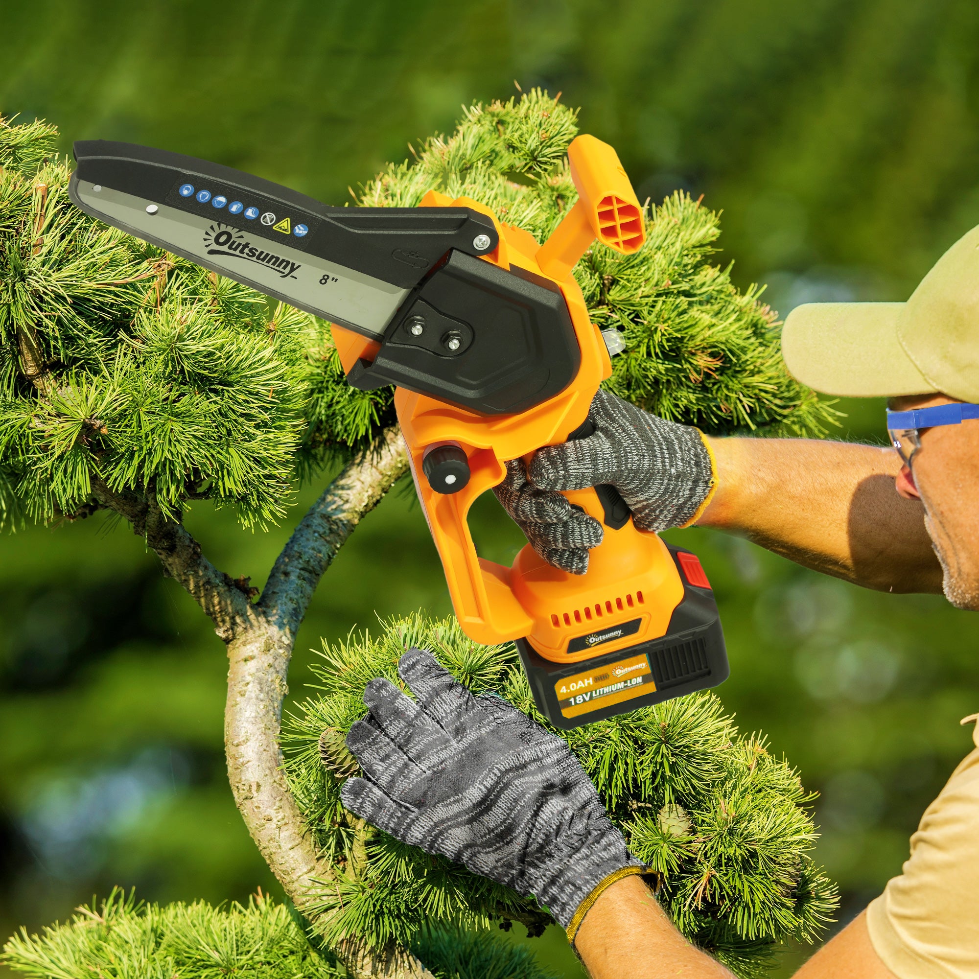 Outsunny 8 Inch Electric Chainsaw, Cordless Chain Saw with Brushless Motor, 2 4.0Ah Batteries and Safety Lock, Handheld Portable Wood Pruning Saw for Trimming Cutting, Orange - North Peak Garden Furniture