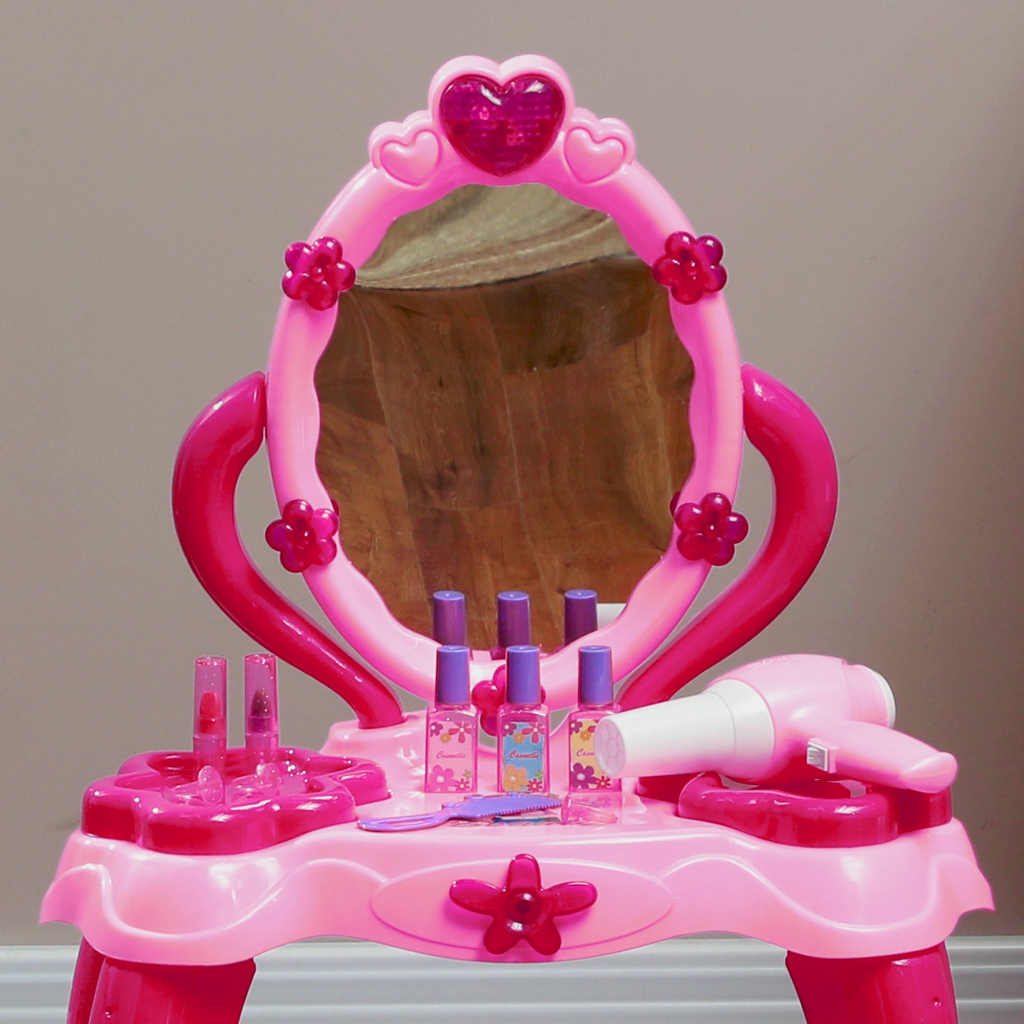 AIYAPLAY Kids Dressing Table with mirror, Stool, Light, Music, 15 Accessories, for Ages 3-6 Years, Pink - North Peak Garden Furniture