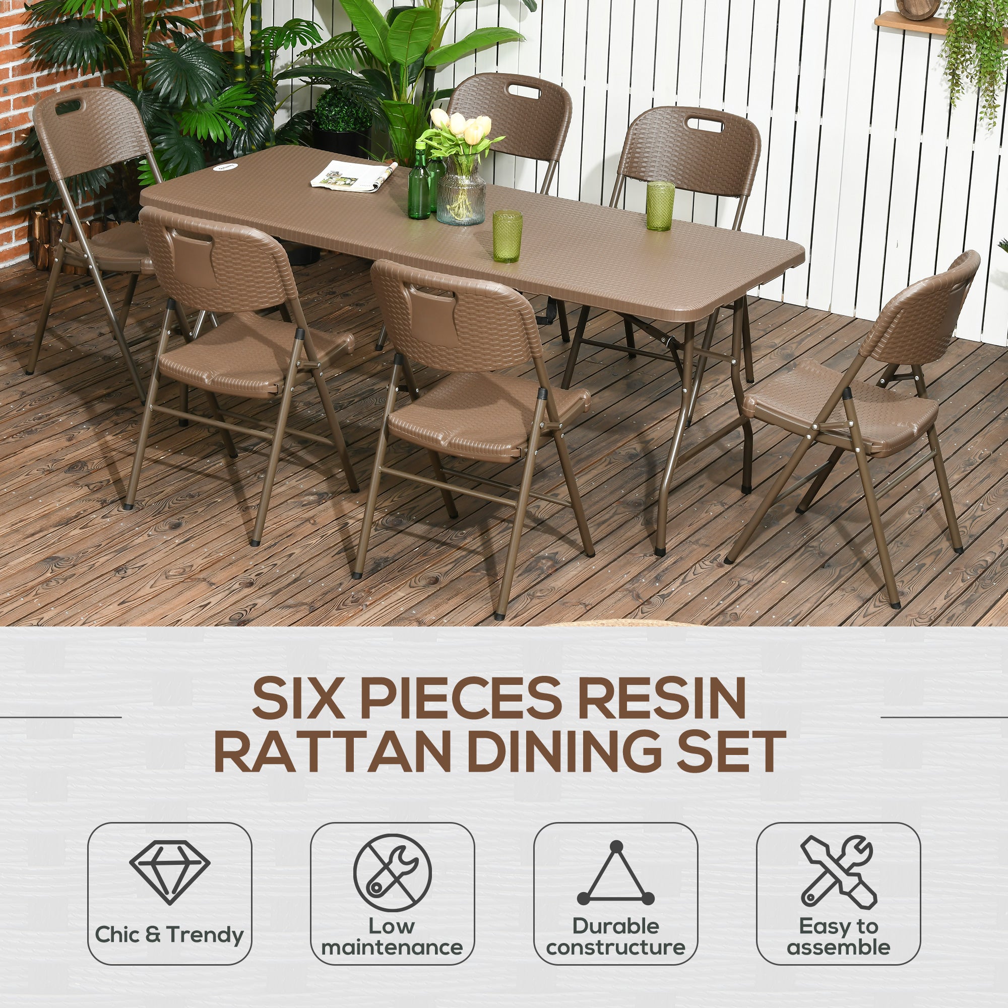 Outsunny 6 Seater Rattan Dining Set, HDPE Molding Rattan Garden Furniture Set, Outdoor Dining Table and Chairs with 6 Armchairs, Rectangular Plastic Top Table for Patio, Balcony, Dark Brown